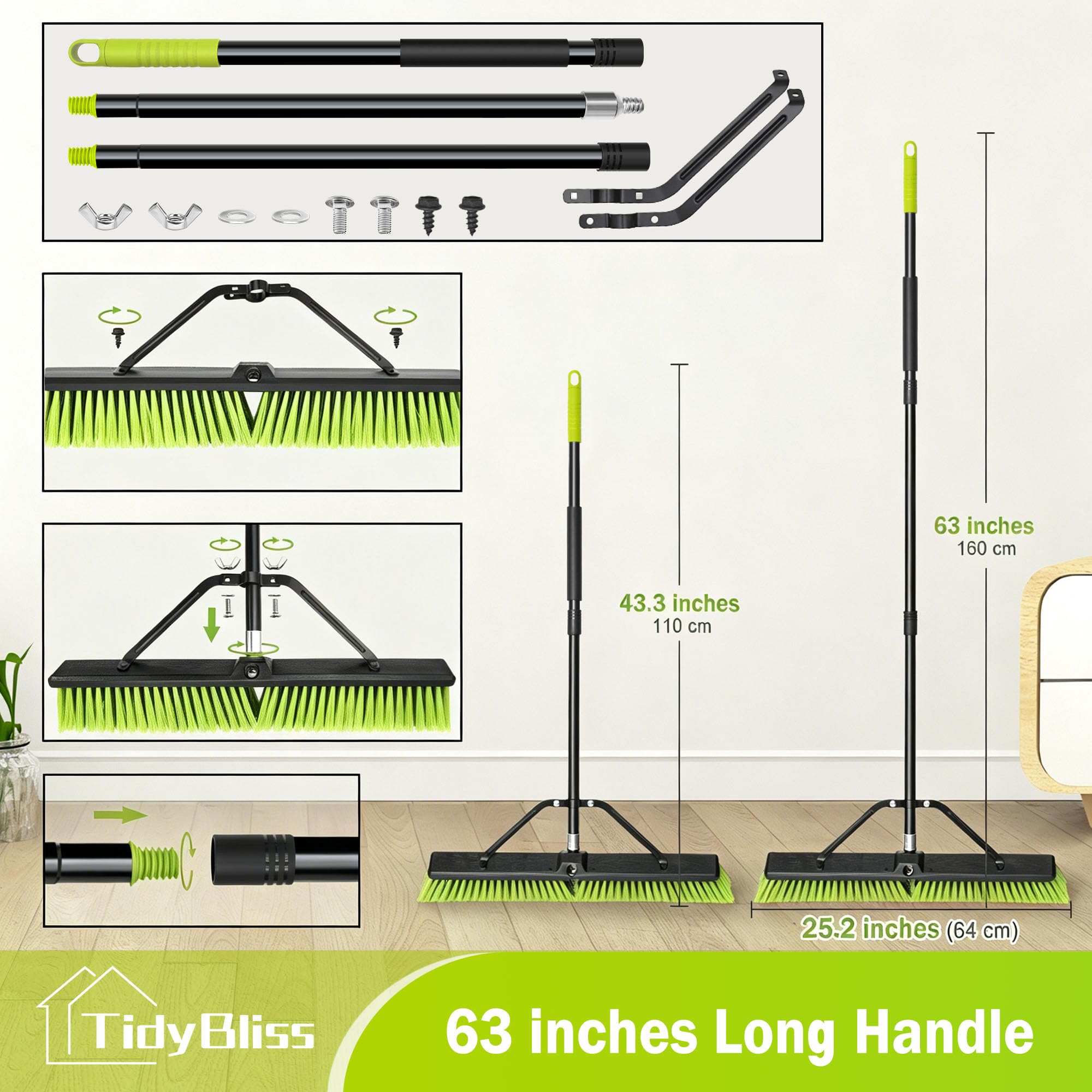 TidyBliss 2 Piezas Escoba Jardin de 60 cm para Exteriores, Cepillo Comercial Grande de Cerdas Rígidas con Mango Largo de 160 cm para Garaje, Taller, Jardín, Patio, Terraza, Calle (Amarillo Verdoso)