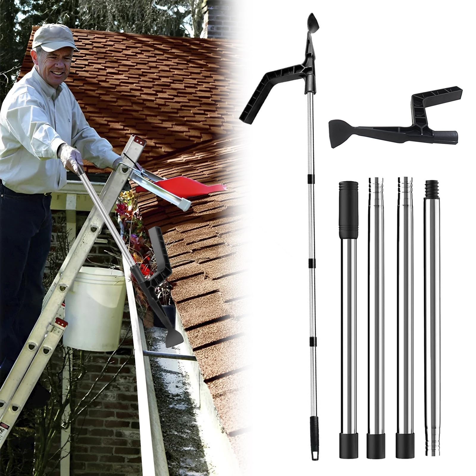 Nettoyeur de gouttière télescopique 1,8 m - Pelle de gouttière en aluminium - Grattoir amovible - Nettoyeur de gouttière (A)