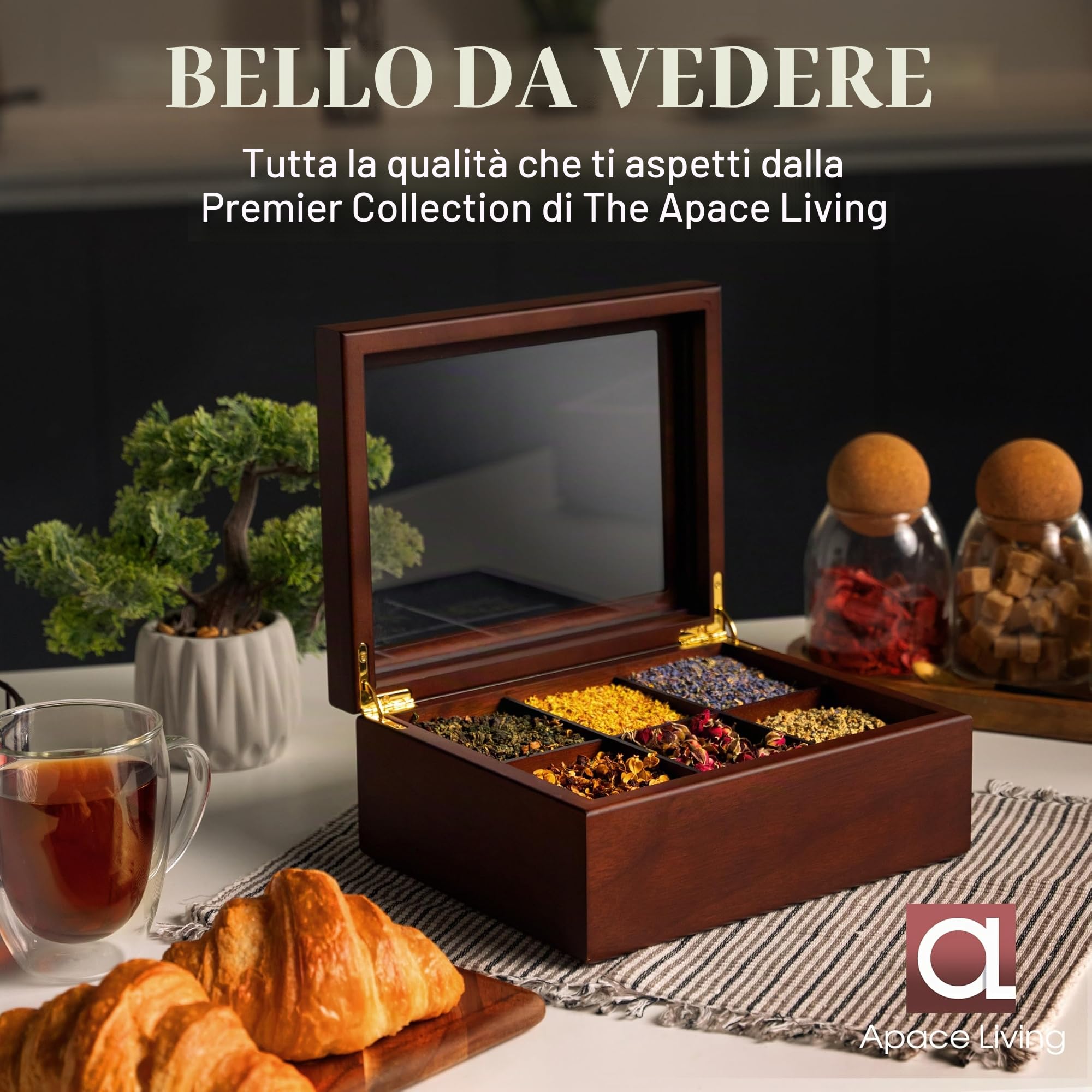 Scatola da tè – Lussuosa scatola da tè in legno della collezione Premium Cofanetto per bustine da tè scomparti regolabili, fatto a mano e con lucernario resistente ai graffi (Walnut 6-Compartment)