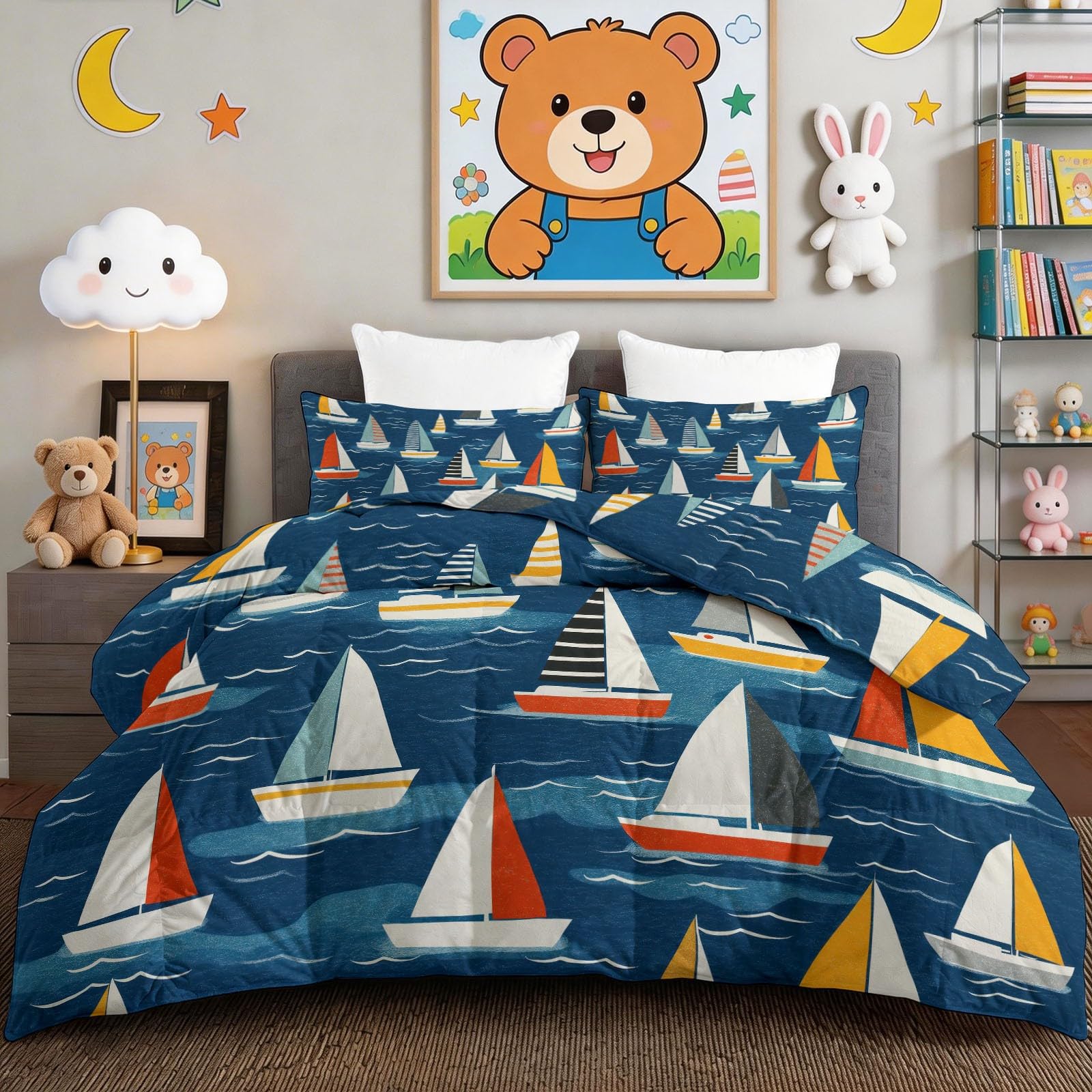 Generisch Kołdra 260 x 220 cm, na 4 pory roku, styl retro, żeglarski, dwustronna, dla alergików, lekka, miękka, pikowana, bez poszewki, żaglówka, fale – kołdra do spania z 2 poszewkami na poduszki