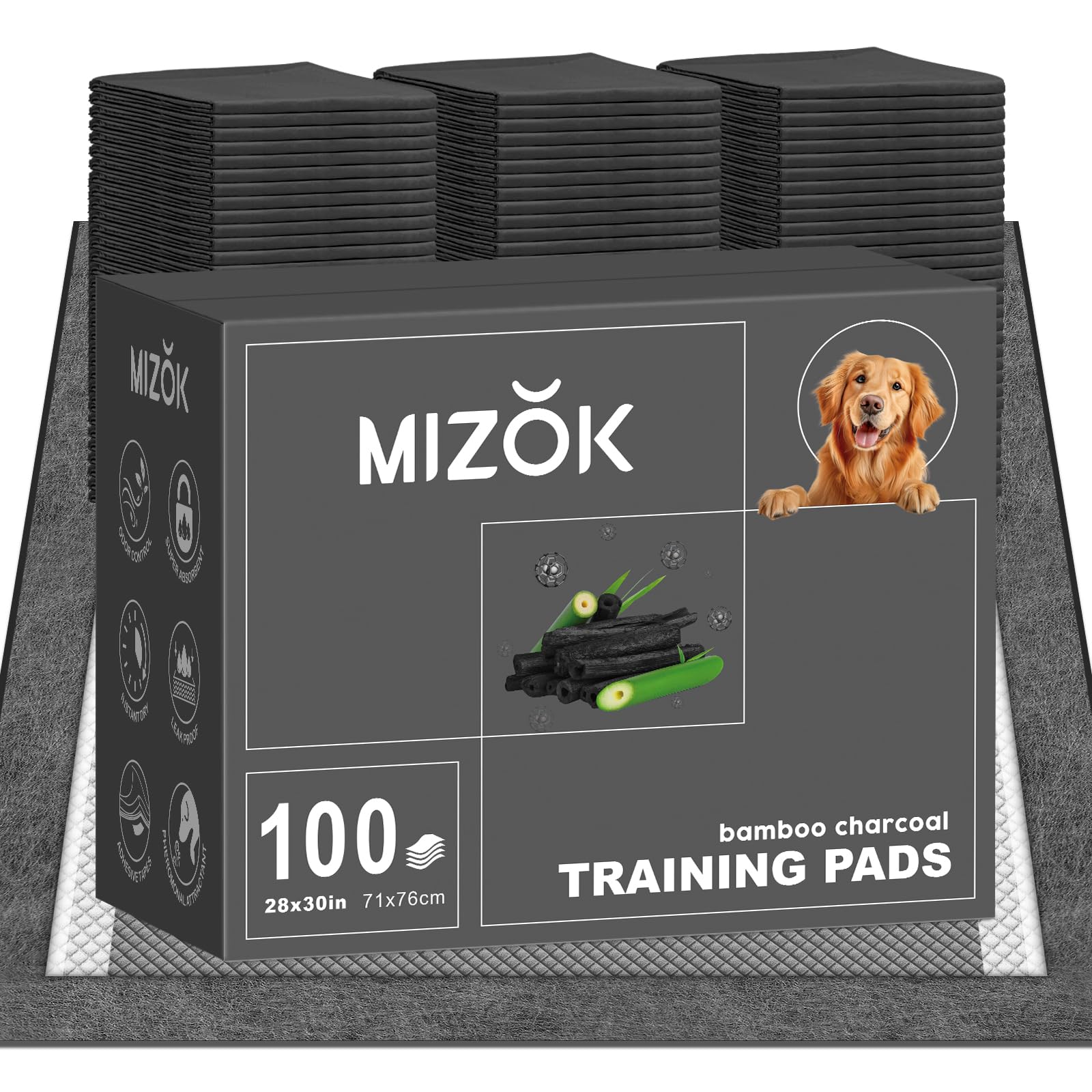 MIZOK Pee Pads for Dogs Charcoal Disposable No Leak Large 28x30in 100Ct