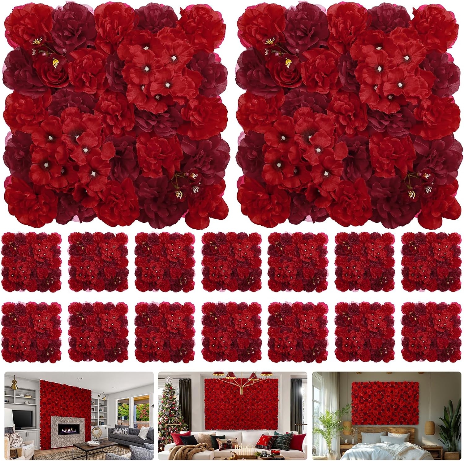 SIMILAR Artificial Flower Wall Backdrop 16pcs 16.5x16.5 Inch 3D Silk Rose Floral Wall Panel Ideal for Wedding Celebrations, Festive Party Birthday Backdrops and Elegant Home Decor-Red Red 16
