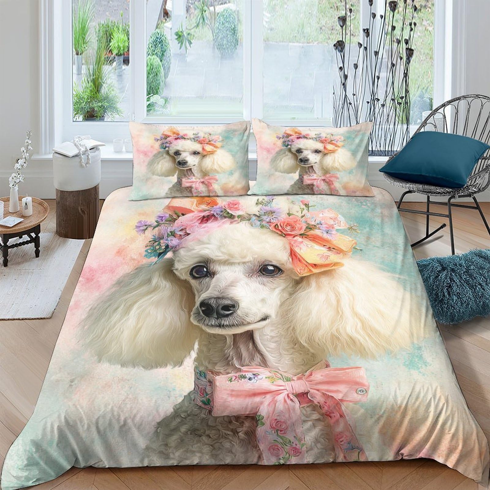 Ctjqhvkz Style-2 3D Printed Poodle Flower Fitted Sheet Microfiber Anti-Slip Mattress Cover For Bedroom Dorm Home Decor Gift Single（135X200cm）