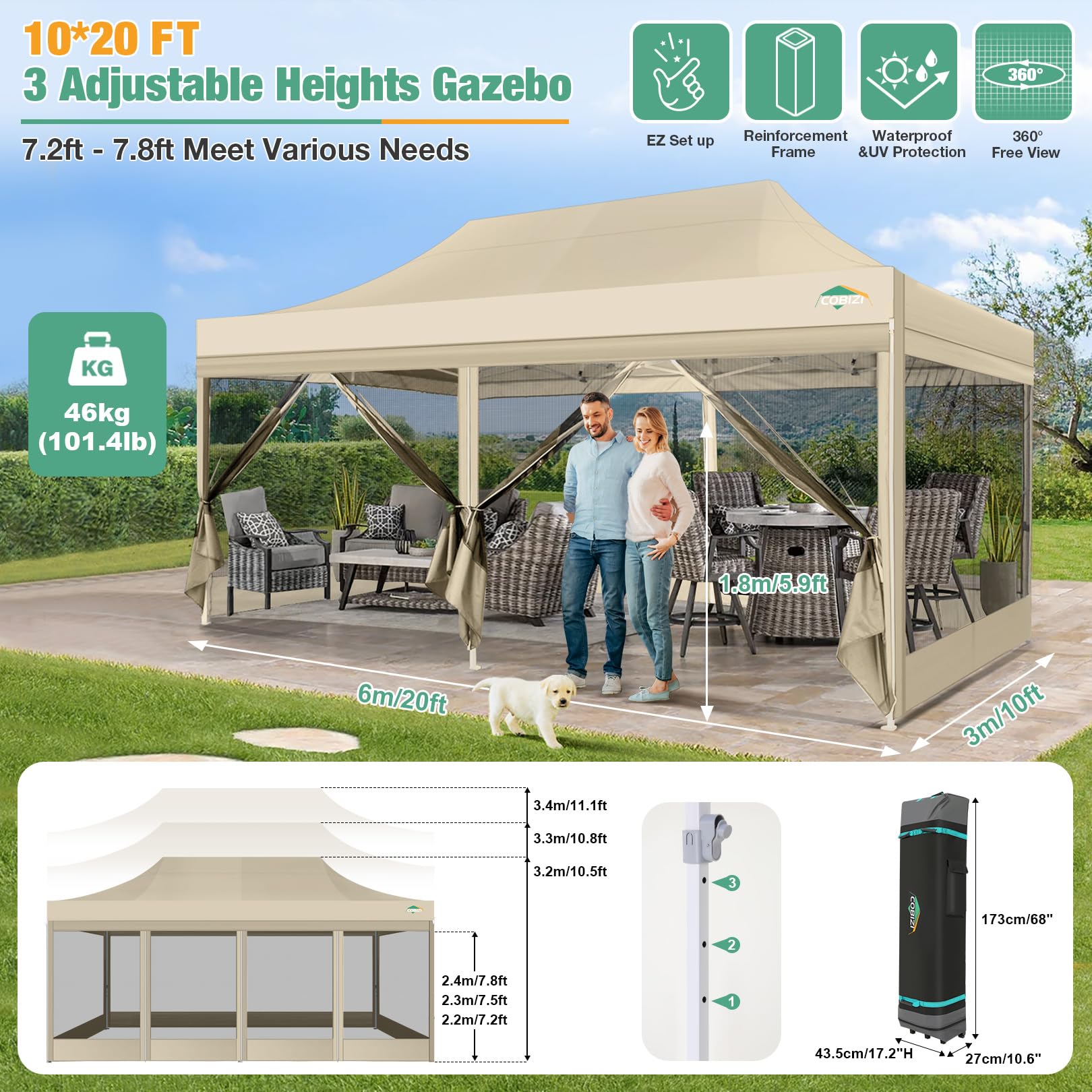 COBIZI Gazebo pieghevole 3x6 m con zanzariere, impermeabile e stabile