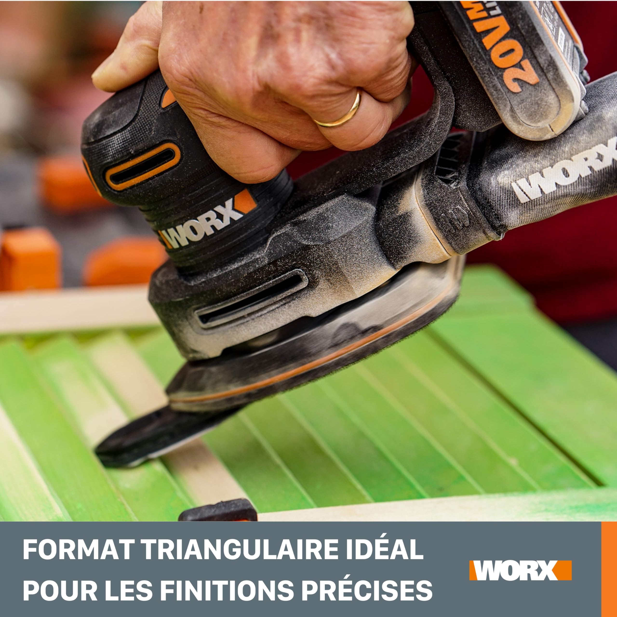 WORX Ponceuse Triangulaire sans Fil 20V WX822, Idéale pour Poncer les Meubles en Bois, Portes, Coins, etc, Système Anti Vibration, Livrée Avec 1 Batterie 2Ah, Chargeur Rapide et Accessoires