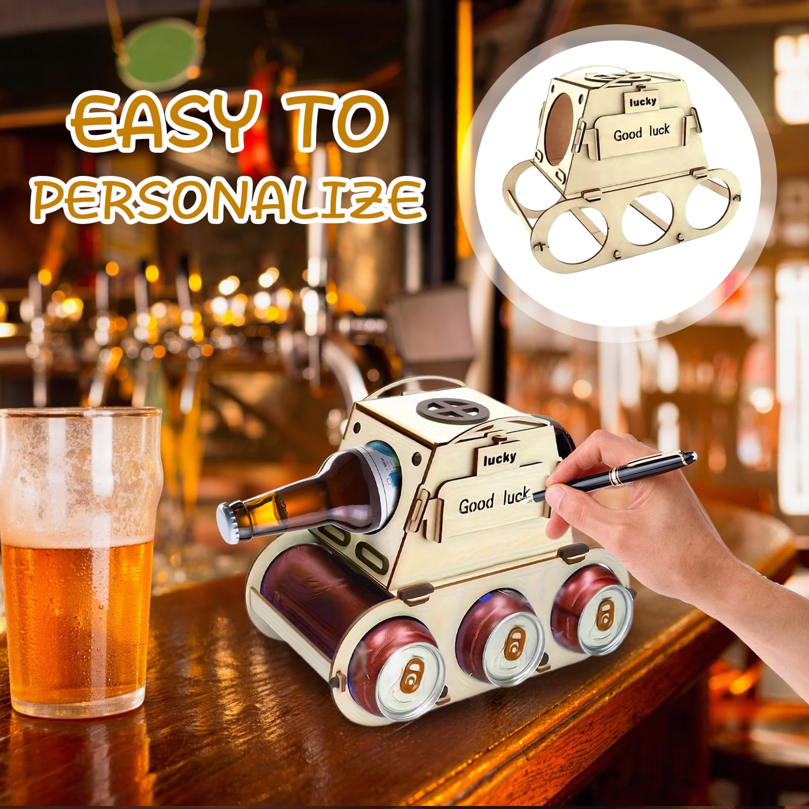 Divertido portacerveza de madera en diseño de tanque, regalos originales para hombres, 30, 40, 50 para amantes de la cerveza, ideal para Oktoberfest único portacerveza de regalo