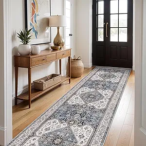 RUUGME Washable 3X12 Runner Rugs - Boho Rugs for Living Room Stain Resistant Carpet Vintage Rugs for Bedroom Kitchen with Non Slip Backing Home Decor Floor Decoration Mat 3x12 Navy