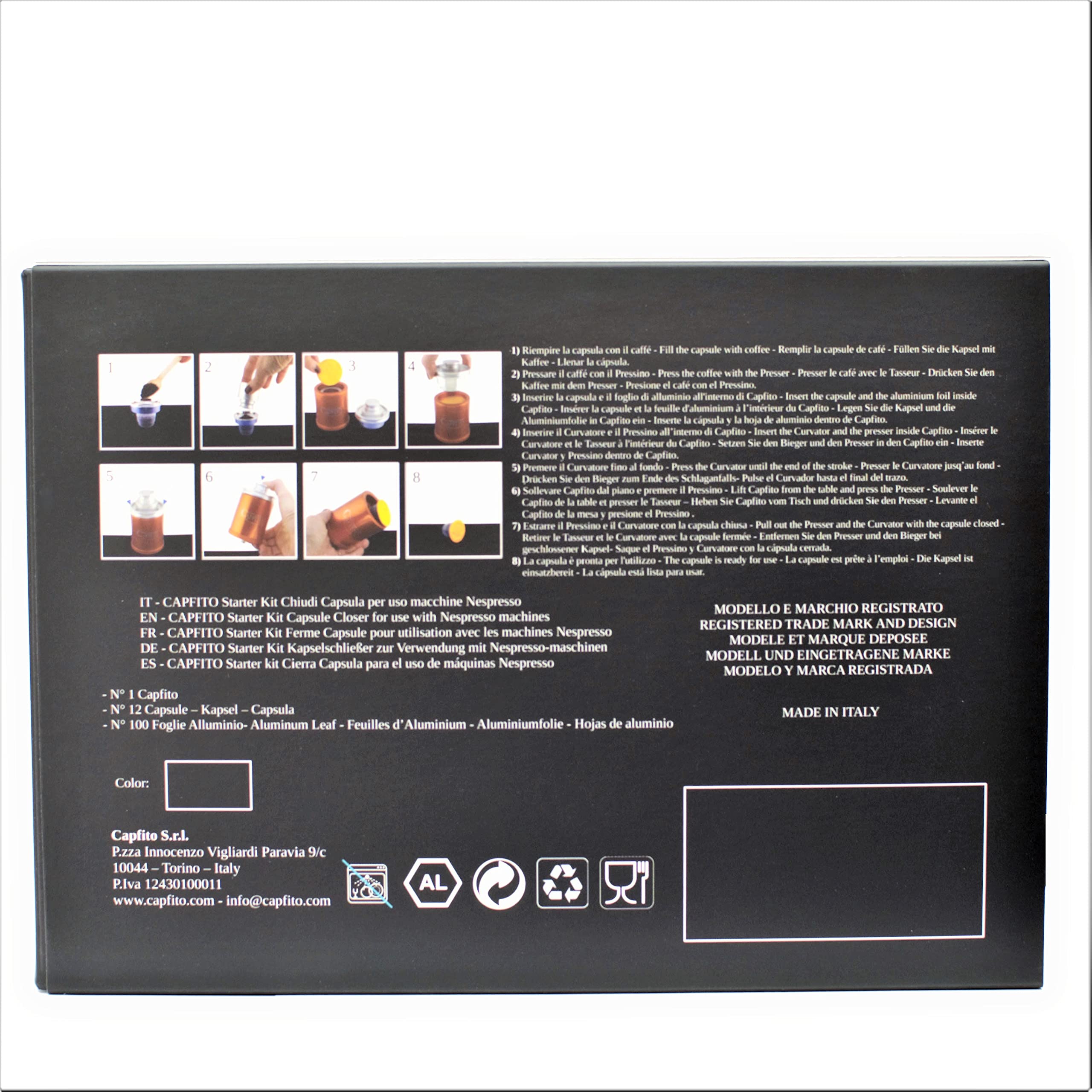 Kit, Cápsula reutilizable para máquinas compatible Nespresso (original), [1 Capfito + 12 cápsulas reutilizables de polipropileno +100 discos de aluminio] (azul)