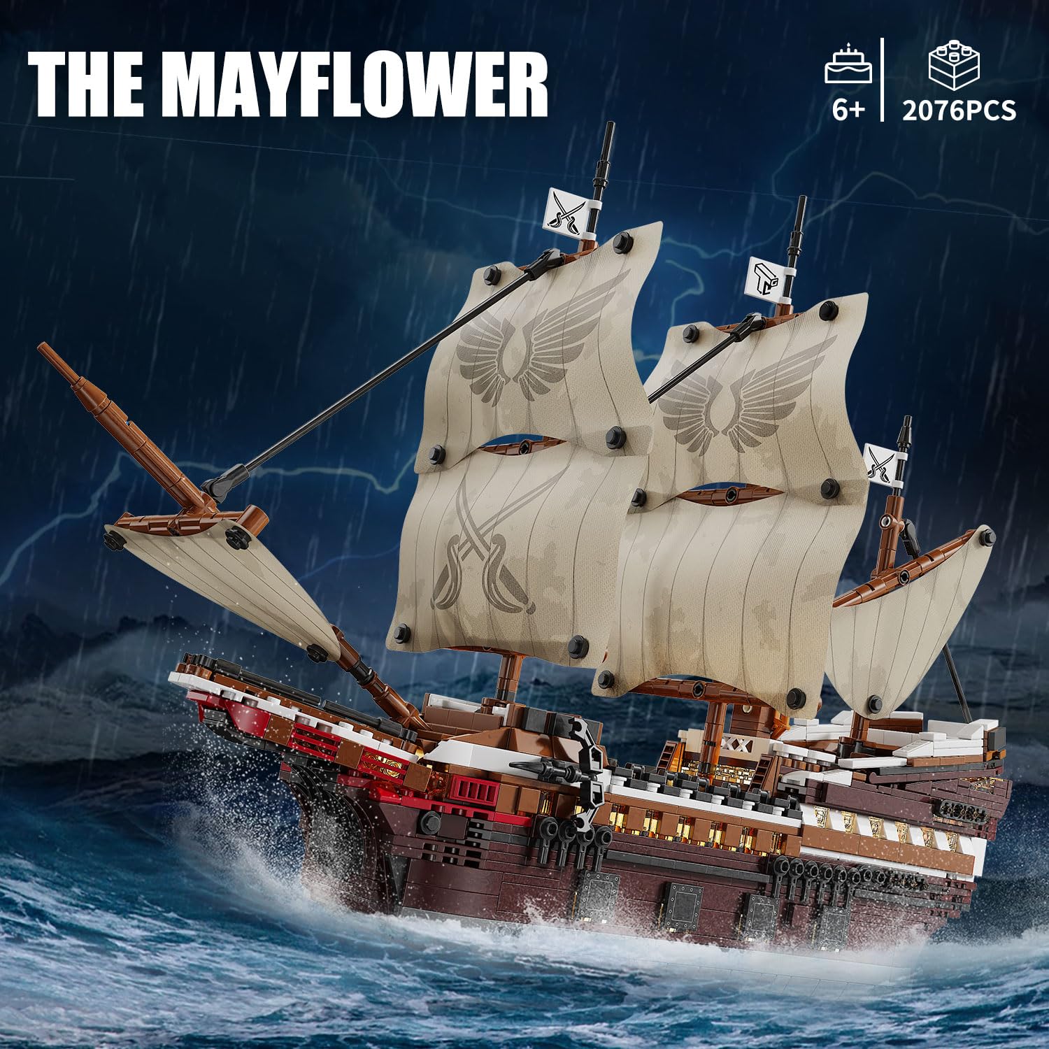TYCOLE Juego de construcción de barco pirata con luces-Modelo de barco Mayflower de juguete,decoración para el hogar y la oficina,opción ideal para adultos y niños de 8 a 14 años regalo (2076 piezas)