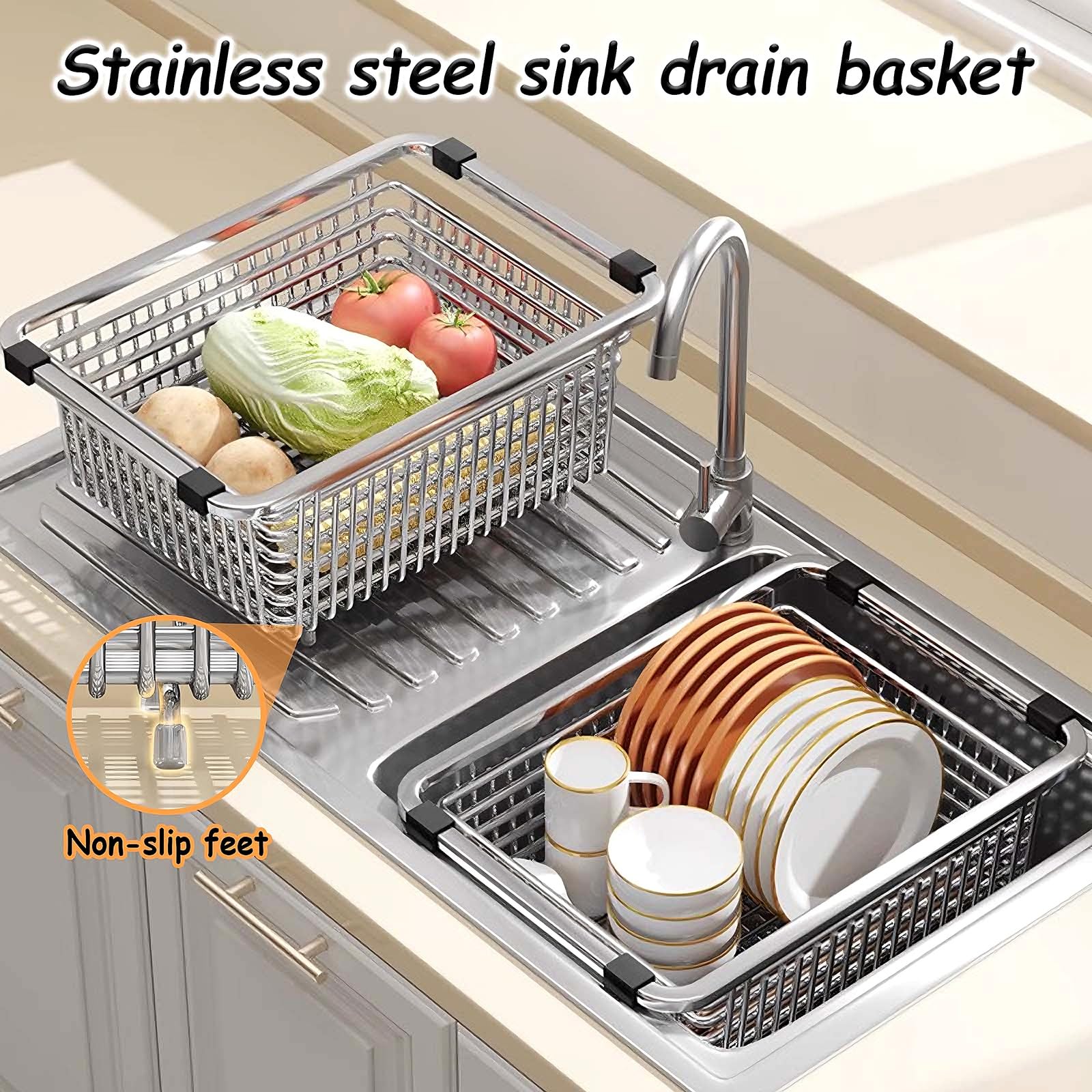 Abtropfgestell Geschirr Klein aus Edelstahl Schwammhalter Spülbecken Schnellablauf Spüle Organizer Spültuchhalter für Küchenarbeitsplatten, Badezimmer, Schränke(43 * 23.5 * 15cm)
