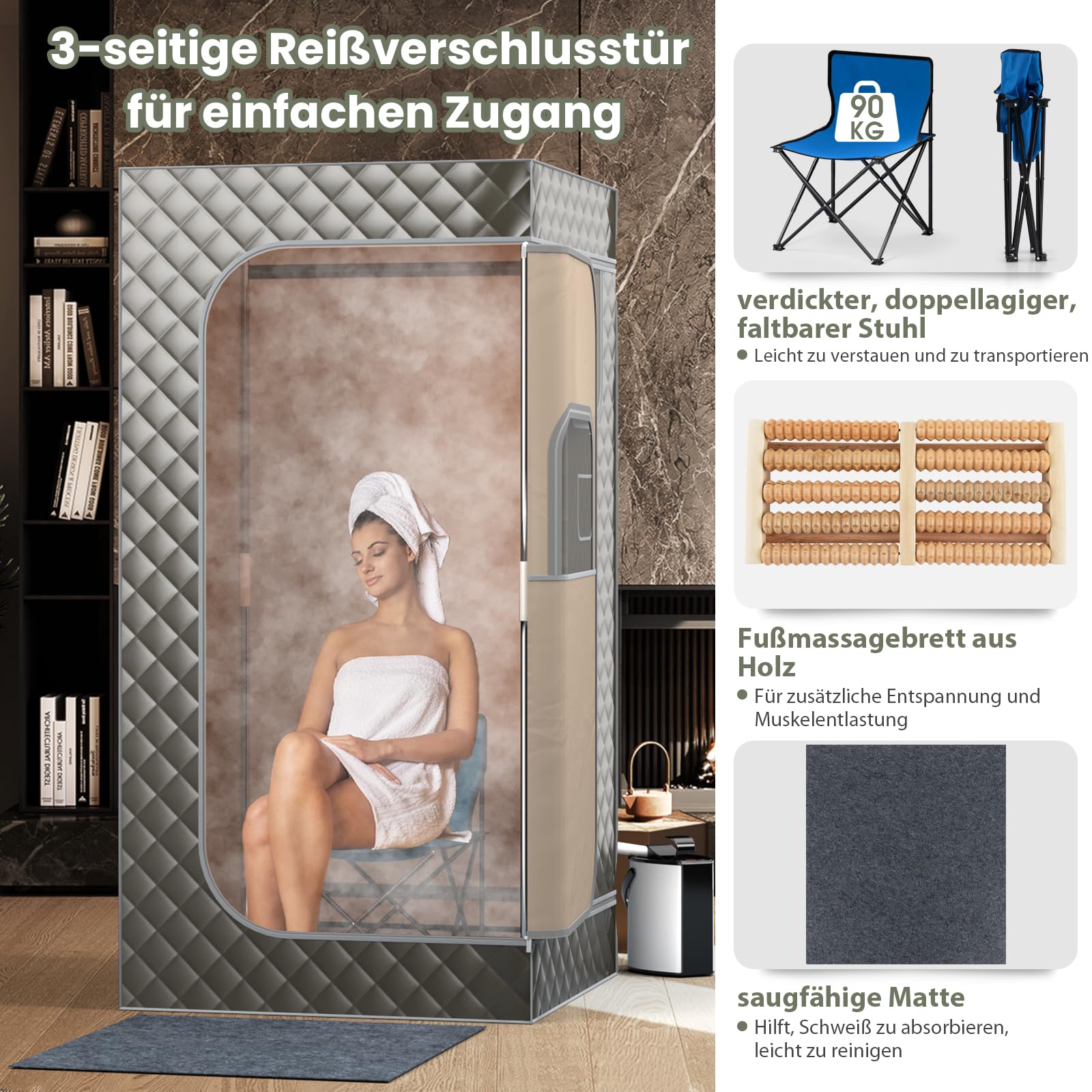 RELAX4LIFE Sauna Portátil 3L con Mando a Distancia y Silla Plegable, Sauna de Vapor con 9 Niveles de Temperatura, Temporizador 15-90 Min y Función de Nebulización, Mini Sauna 1000W (Gris)