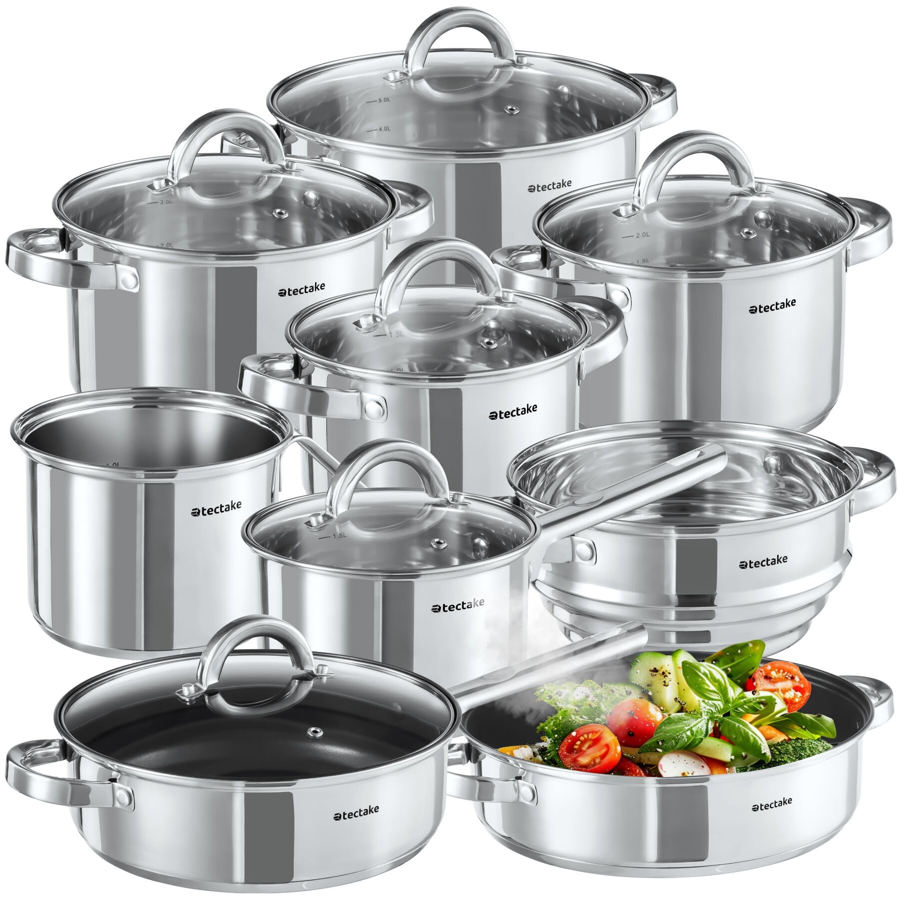 Set Di Pentole In Acciaio Inox 5 Strati | 15 Pezzi Antiaderenti Per Induzione Con Coperchi In Vetro - 3