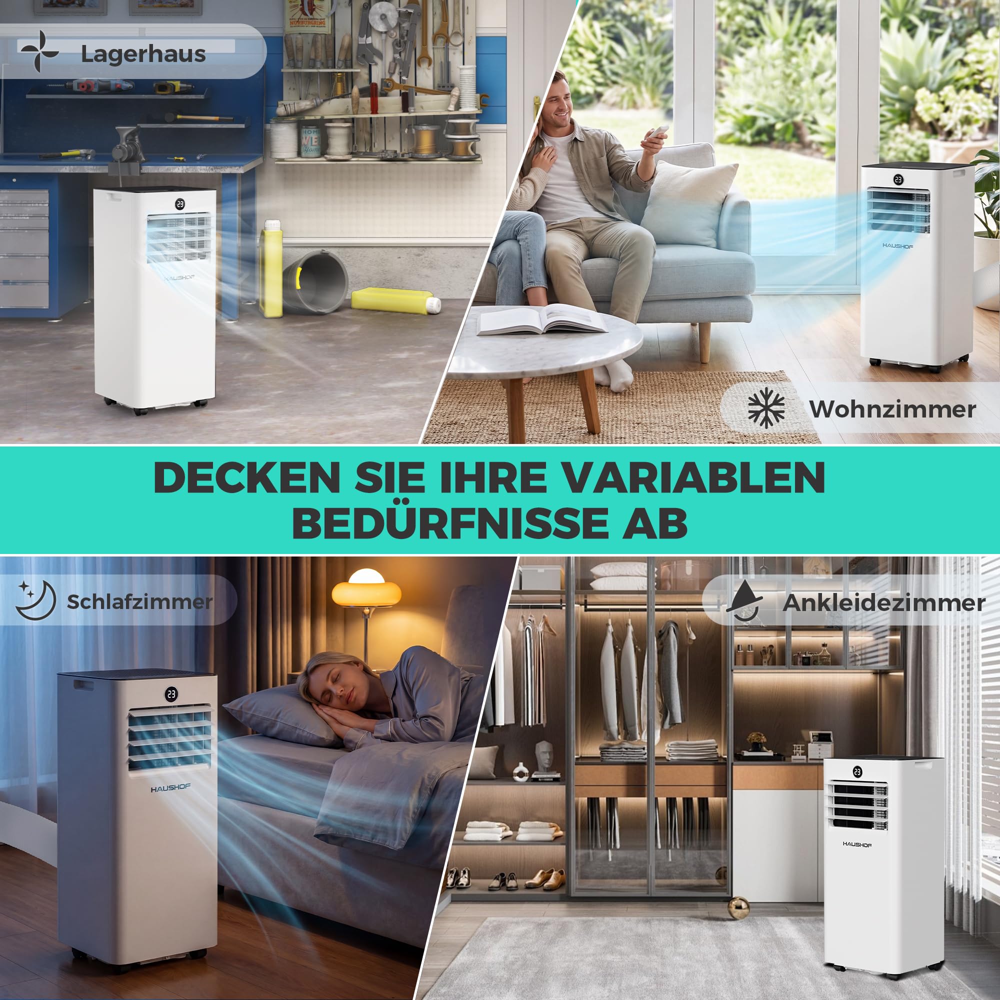 HAUSHOF Mobile Klimaanlage 9000 BTU, 4-in-1 Klimagerät mit Abluftschlauch & Isolierhülle, Kühlen/Entfeuchten/Ventilieren/Nachtmodus, 330 m³/h, mit Fensterdichtungsset, für Räume bis 30 m²