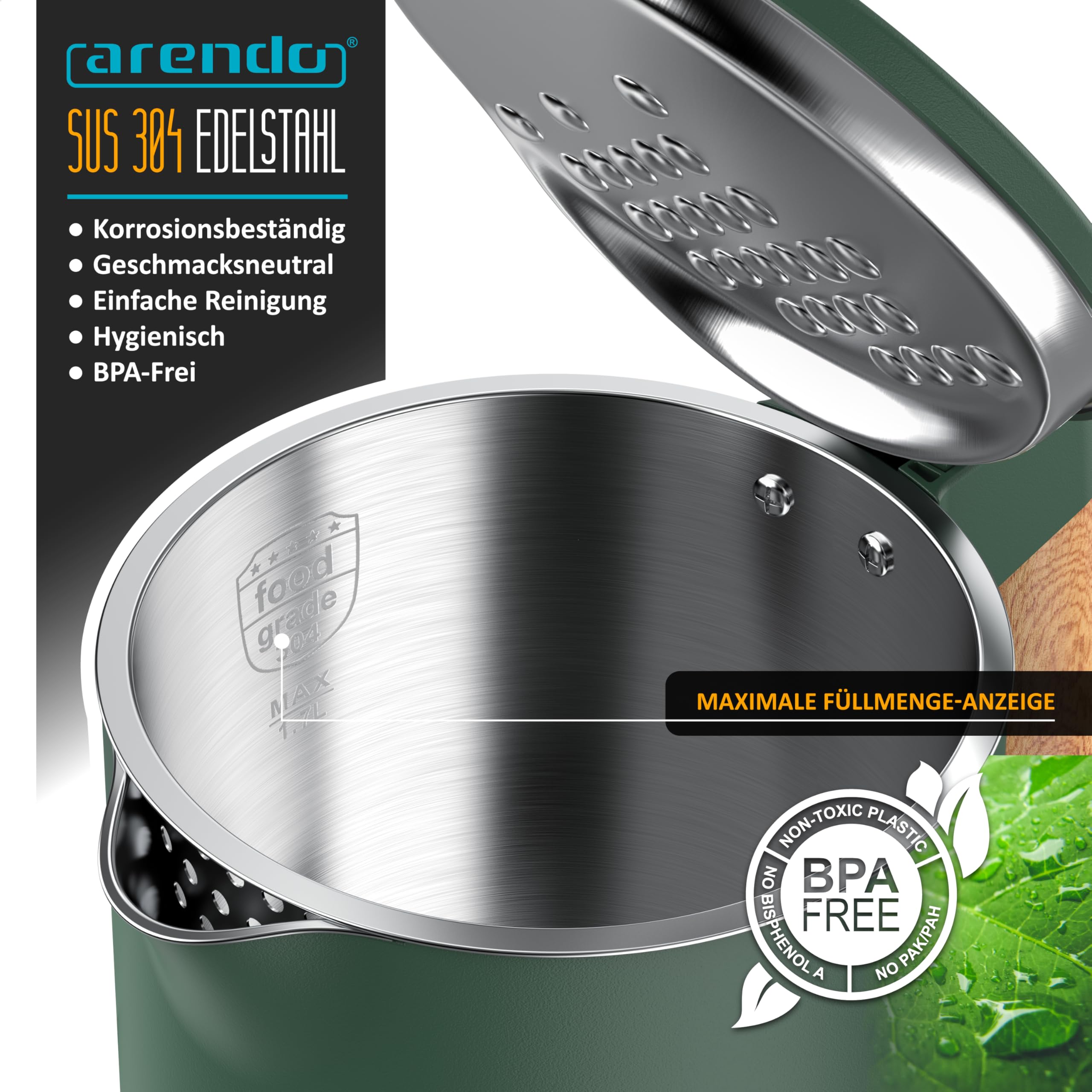 Arendo - Edelstahl Wasserkocher mit Temperatureinstellung 40-100°C - Doppelwand Design Cool Touch - Display im Gehäuse - Kabellos - 2200 W - 1,7L – Überhitzungsschutz – Warmhaltefunktion - BPA-frei