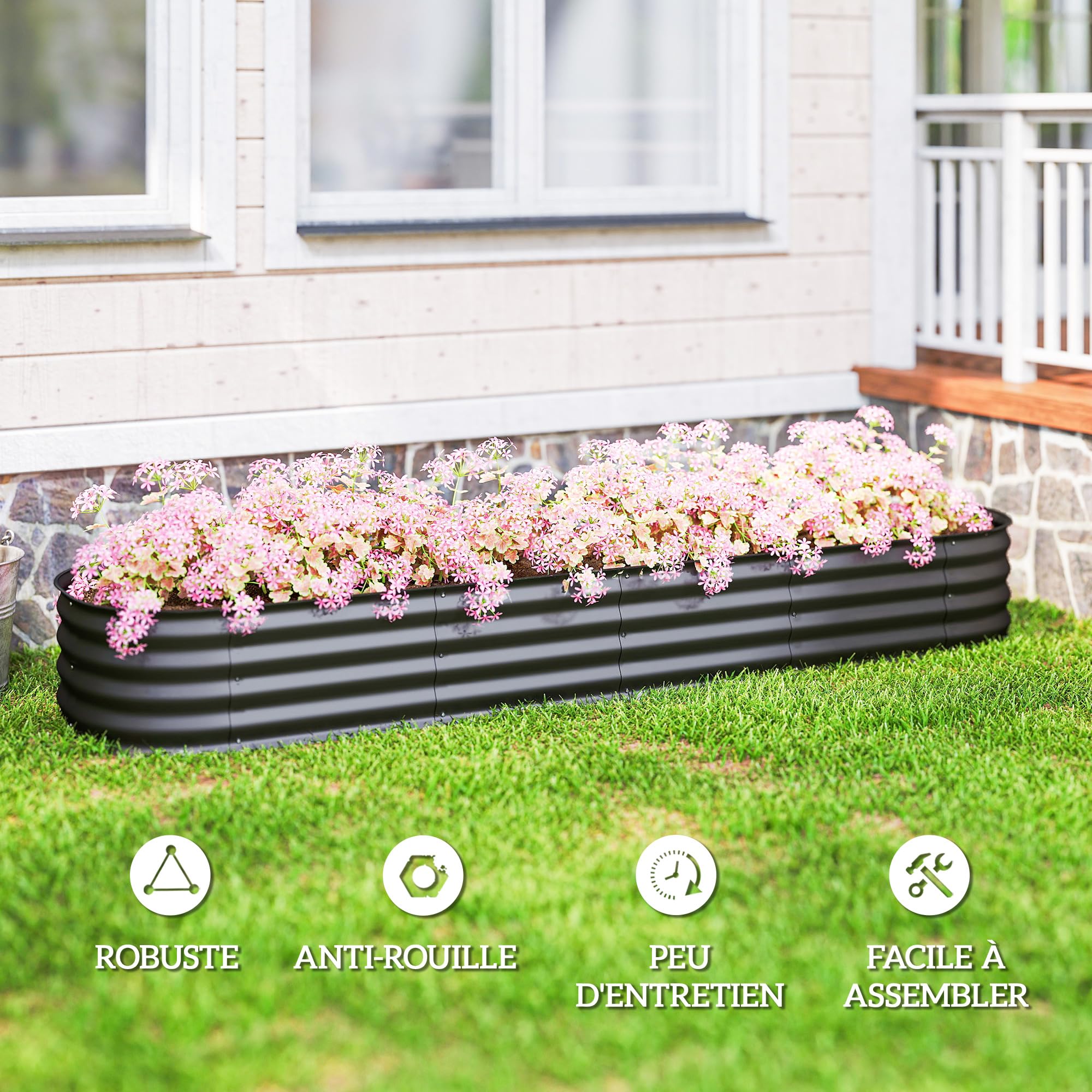 Outsunny Jardinière carré Potager de Jardin en Acier galvanisé modulable pour légumes, Plantes, Fleurs, dim. 240 x 62 x 30 cm, Gris foncé