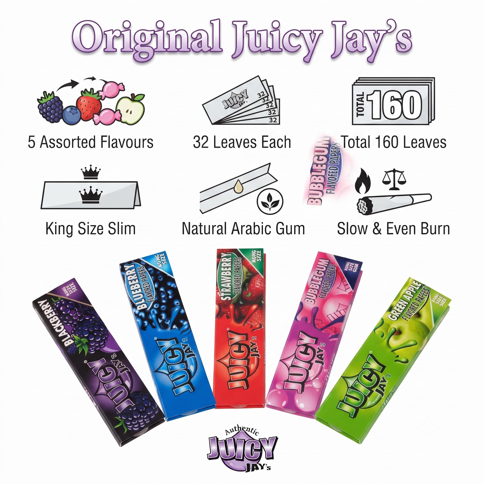 Juicy Jay Flavored Rolling Papers Variety Pack of 5 | King Size Slim Rolling Papers | 32 Leaves Each Pack (160 Leaves Total) | Assorted Premium Flavours | Natural Arabic Gum | Slow Burn Paper 1