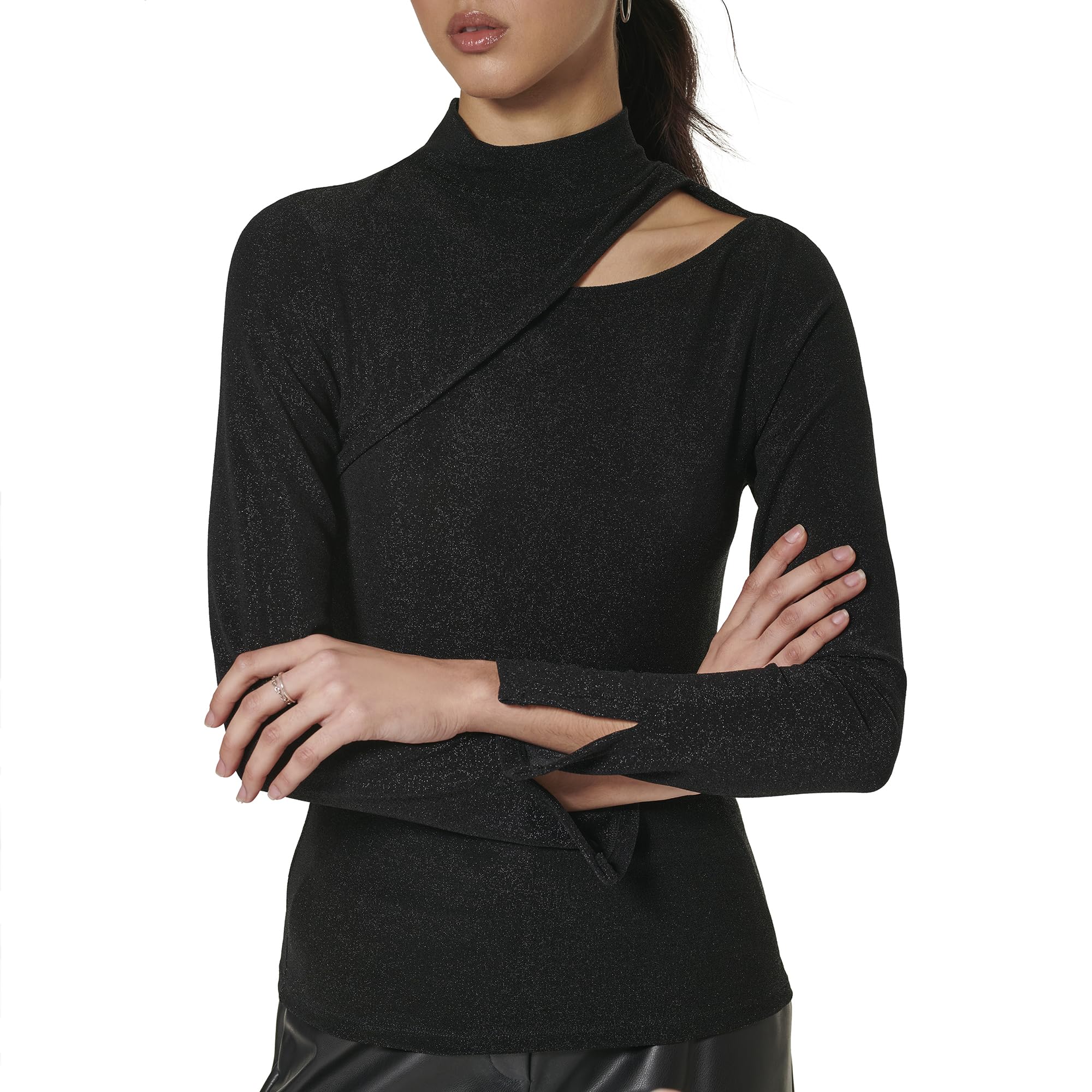 DKNY Womens Mock Neck Cutout Detail Knit Top