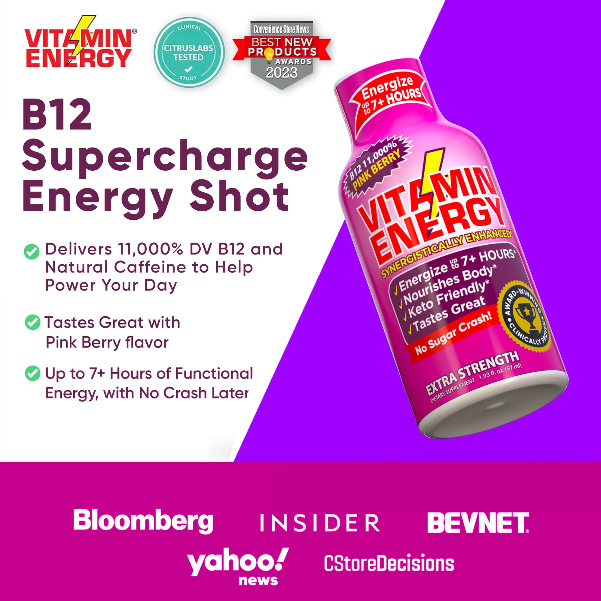 Amazon.com : Vitamin Energy B12 11,000% Extra Strength Energy Shot Pink  Berry 48 Pack, 260mg Natural Caffeine, B12 & B6, Nootropic Focus, Vitality,  Zero Sugar, Gluten-Free, Vegan, Kosher, 1.93 fl oz :