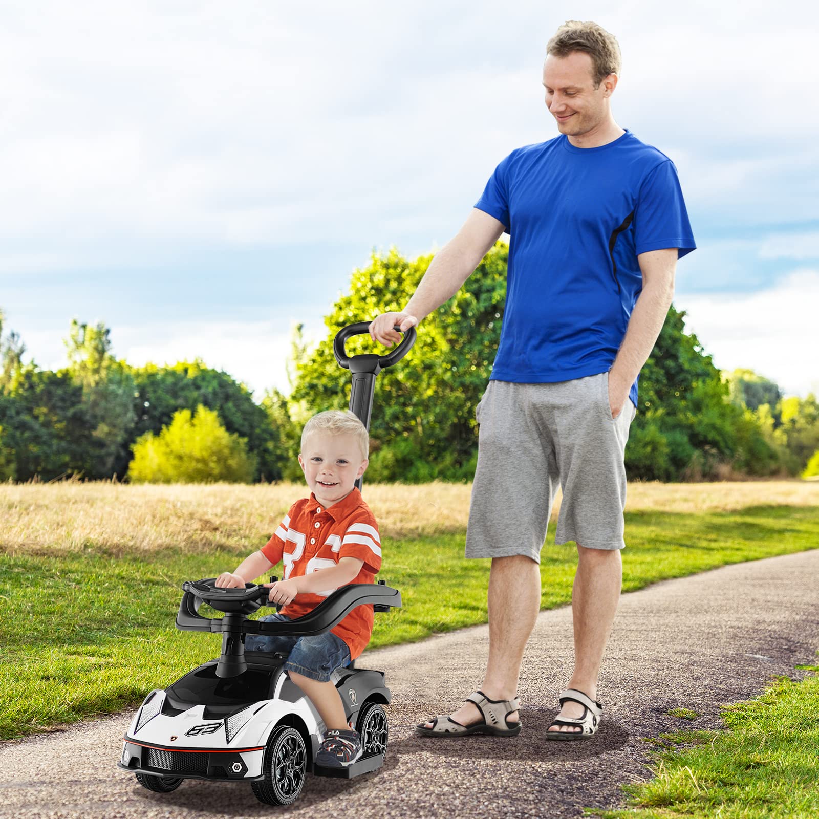 DREAMADE Voiture Porteur Enfant pour 1-3 Ans Lamborghini, Porteur Bebe avec Klaxon & Sons du Moteur, Poignée de Poussée, Garde-Corps Amovible, Rangement sous Le Siège (Blanc)