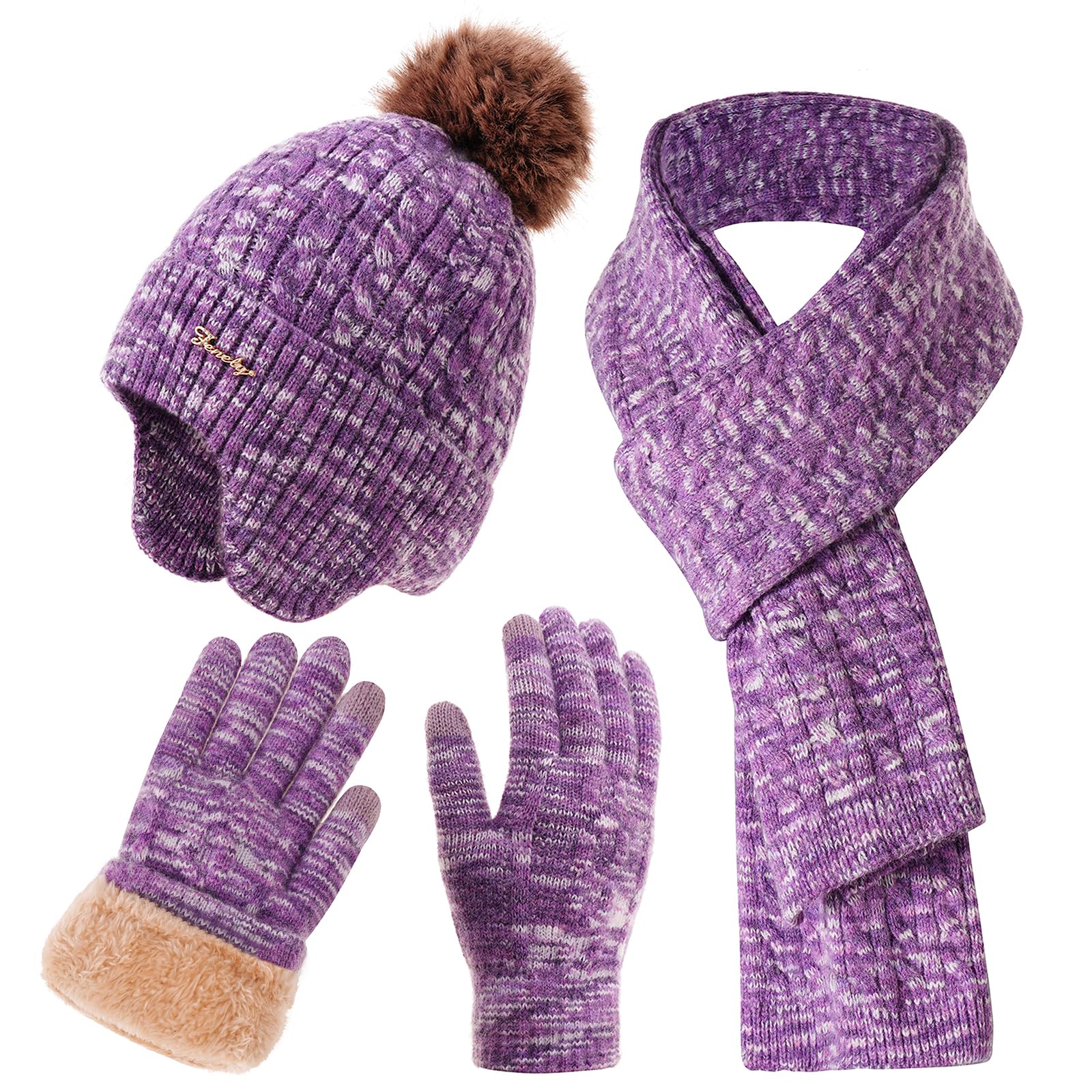 Set invernale da donna, con cappello e sciarpa, guanti classici con pompon rimovibile, sciarpa lunga e guanti touchscreen, set 3 in 1