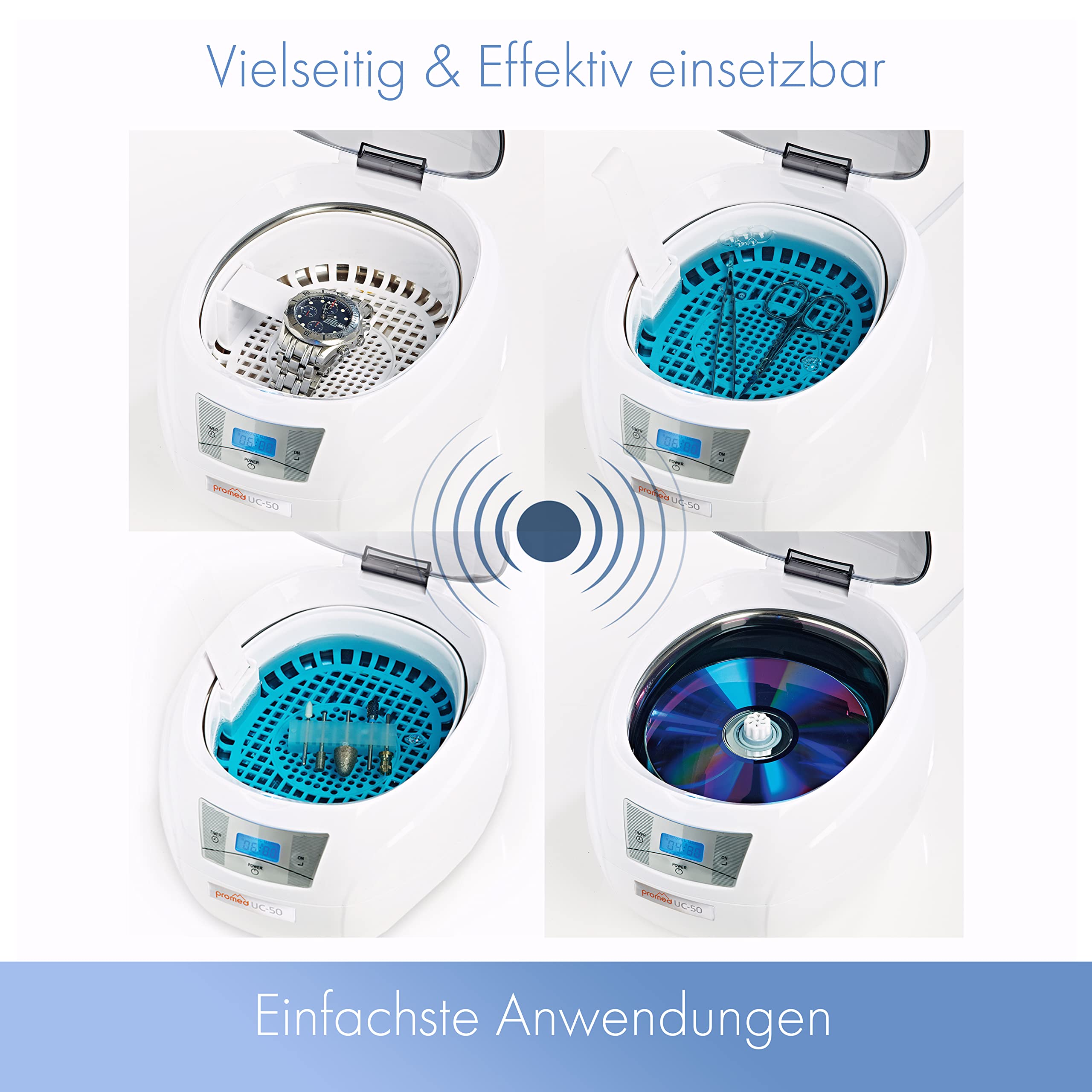 Promed UC-50 Pulitore Ultrasuoni - Dispositivo di Pulizia Gioielli, Utensili da Unghie, Occhiali, Oggetti - Alta Frequenza - Timer Automatico, LCD e Motore Silenzioso - Supporto per Orologio, Bit e CD