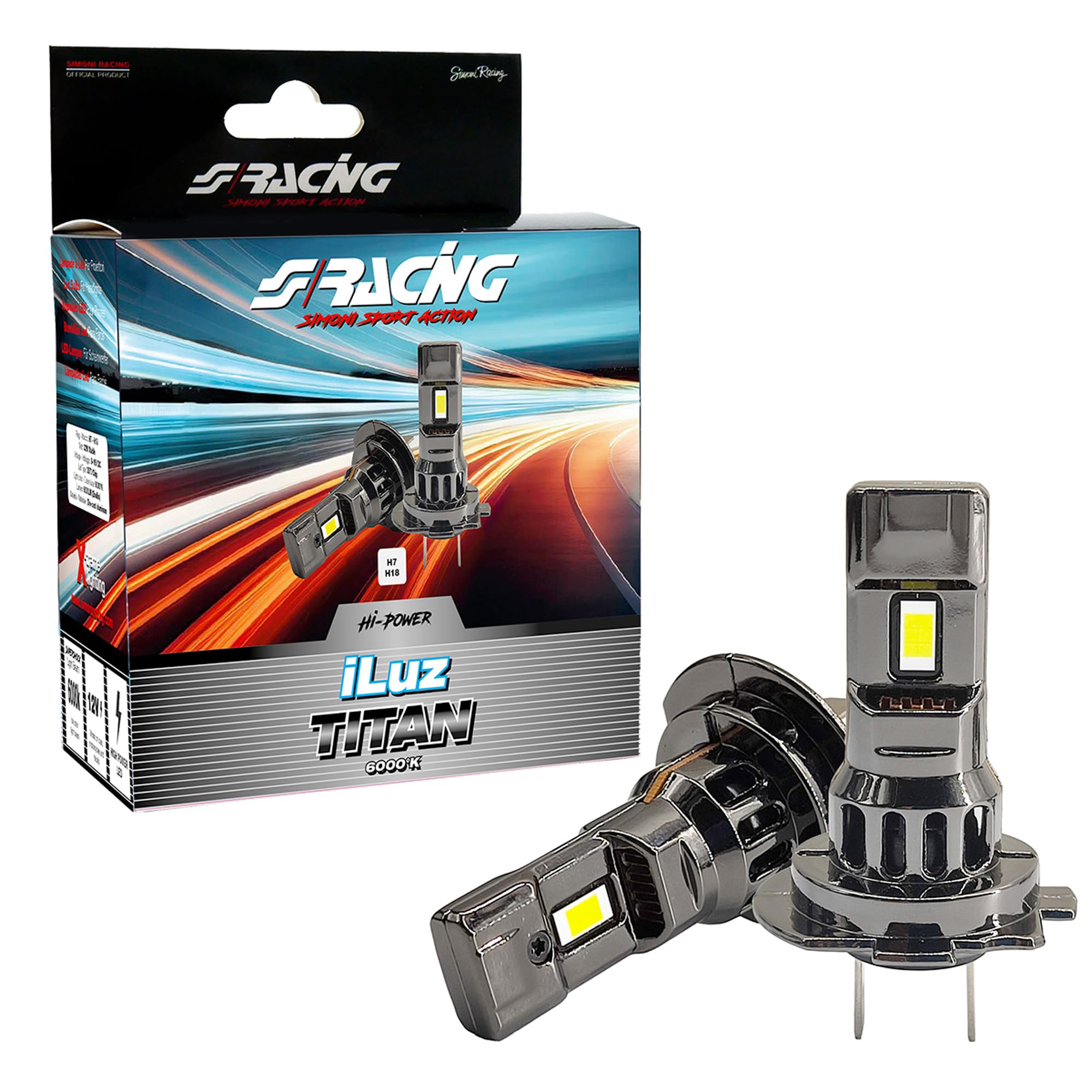 Simoni Racing TZ7 iLuz Titan zestaw do konwersji LED, 2 żarówki LED H7-H18 do samochodów i motocykli, białe światło 6000°K, kompaktowy rozmiar