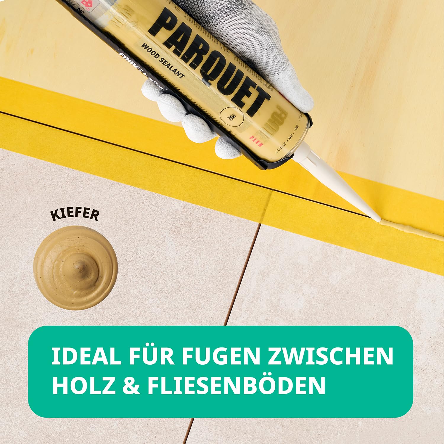 3x Parkett-Fugenfüller Kiefer + Kartuschenpistole – Acryl Dichtstoff für Holz, Parkett und Laminat, überstreichbar mit 2000N Pistole