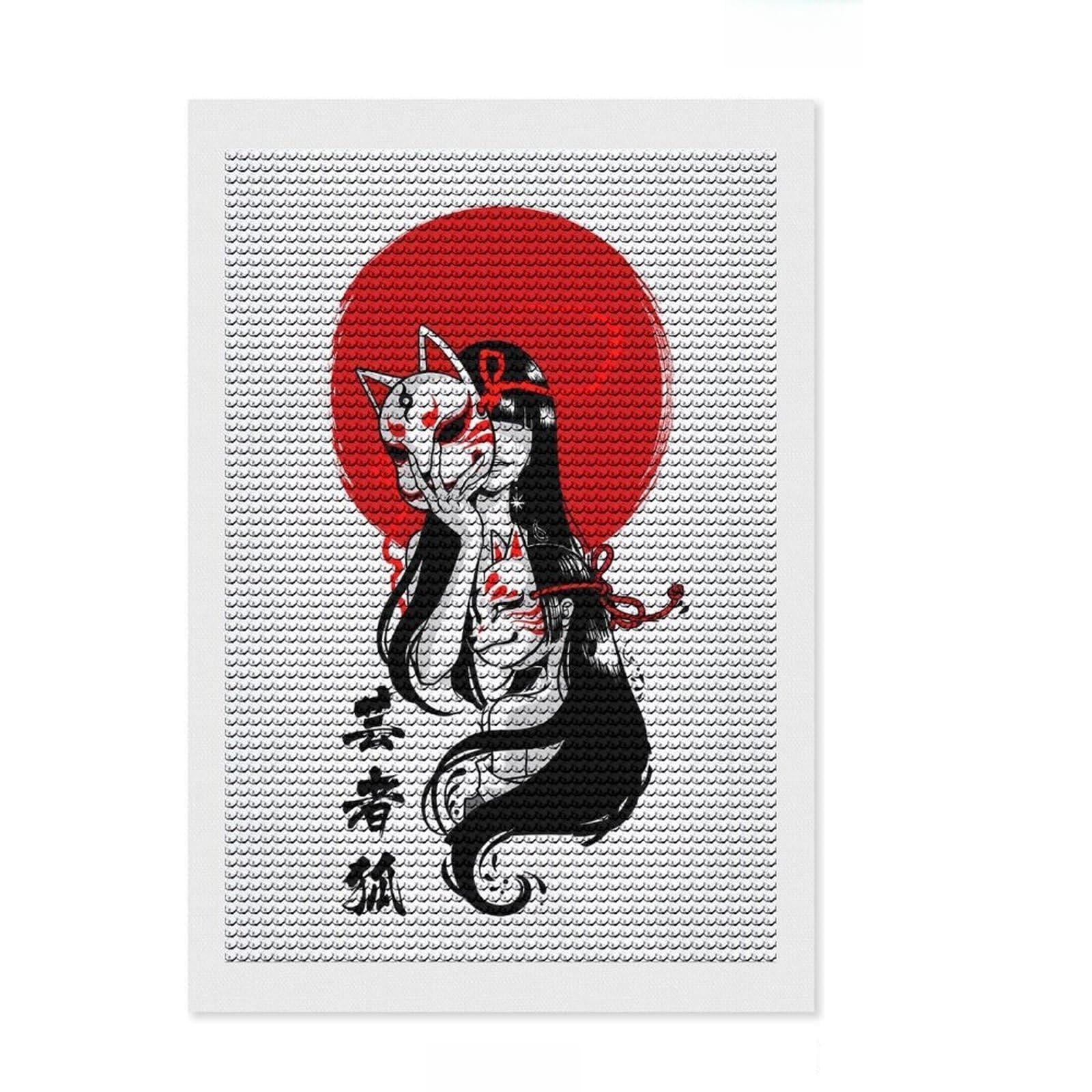 Junmoney Kitsune Mask Full Drill Diamond Painting Kit 8"x12", Relaxing DIY, Aesthetic Room Decor, Modern Decor, Decor Project