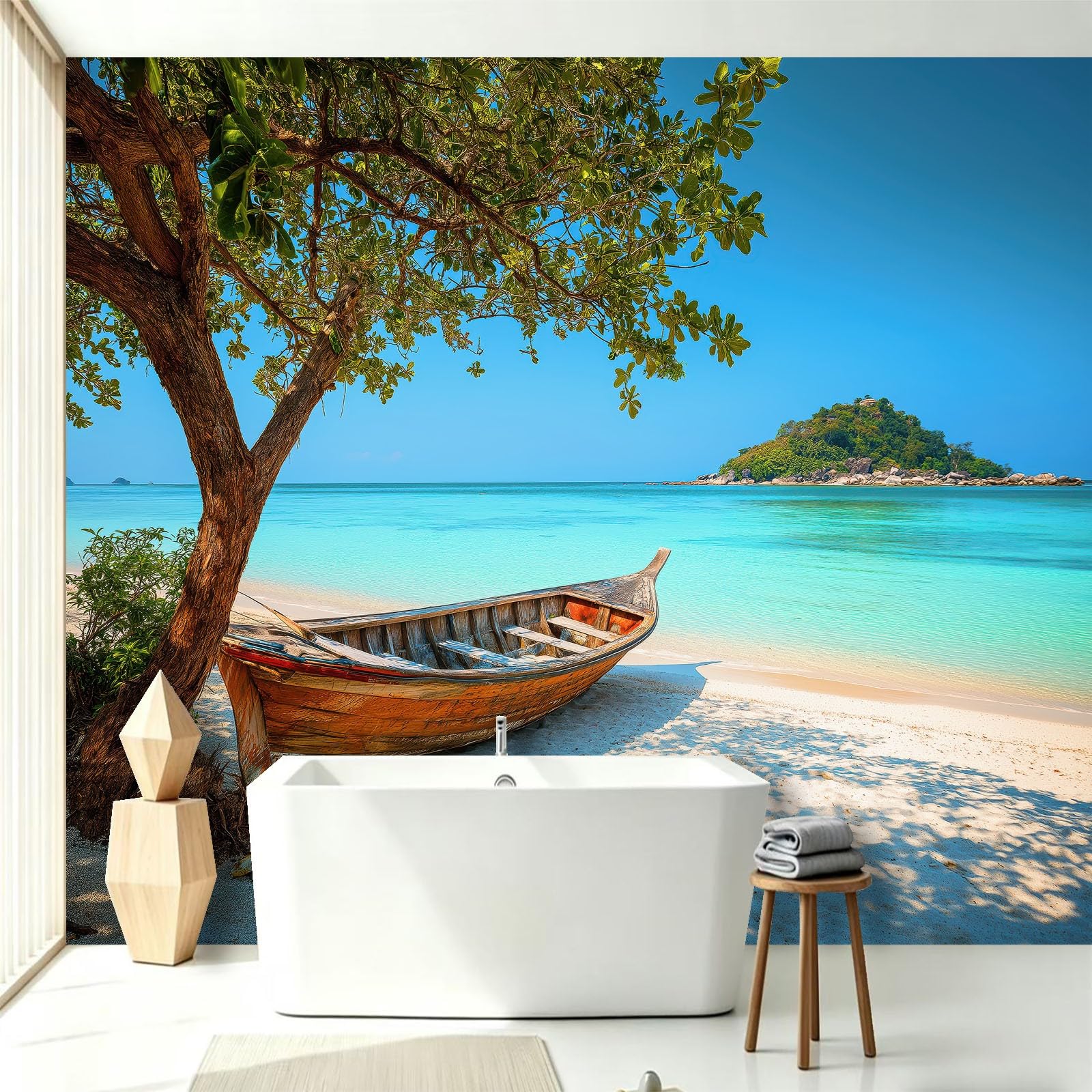 Carta da parati fotografica con isola naturale, 300 x 210 cm (larghezza x altezza), in tessuto non tessuto, decorazione da parete, motivo spiaggia, barca in legno, foglie, per camera da letto