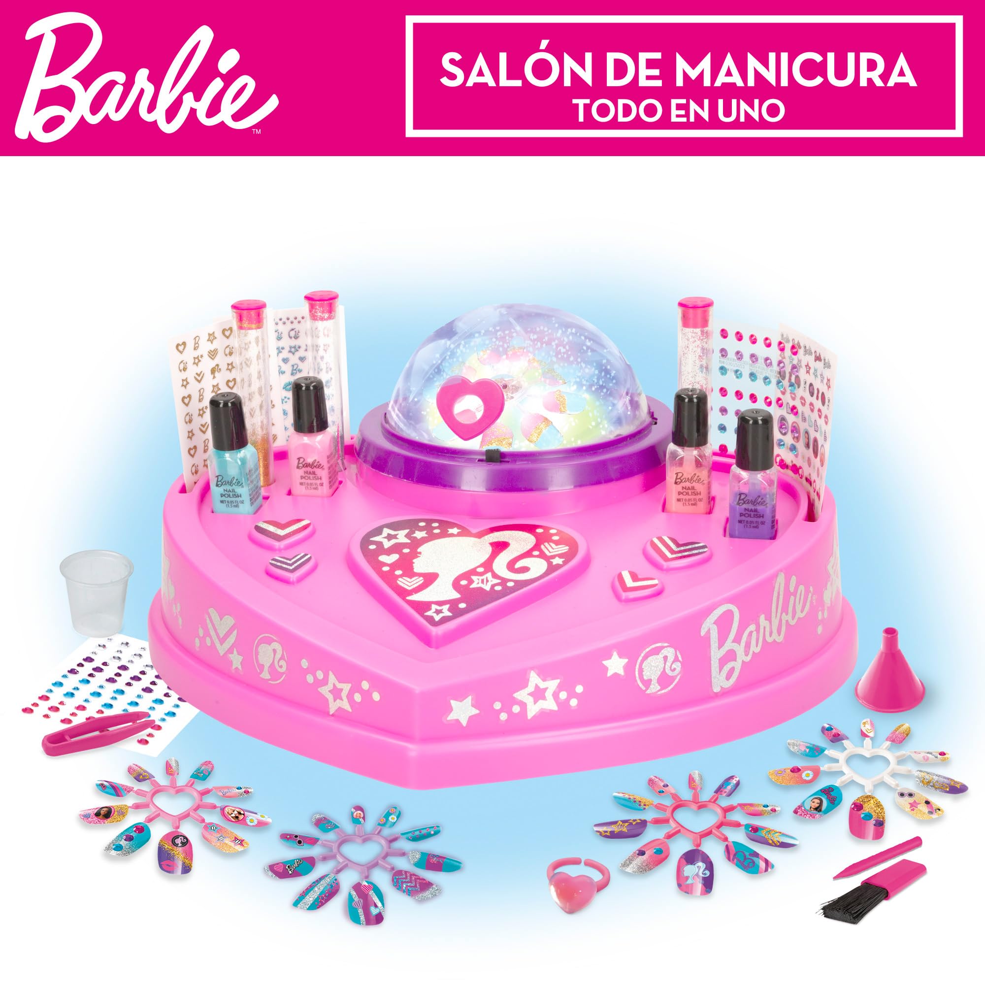 Colorbaby Barbie - Juego manicura niñas con Pegatinas, brillantitos, uñas postizas, Purpurina, esmaltes y Utensilios, con cúpula de Purpurina, Set pintauñas, para niña de 8 años, 48427