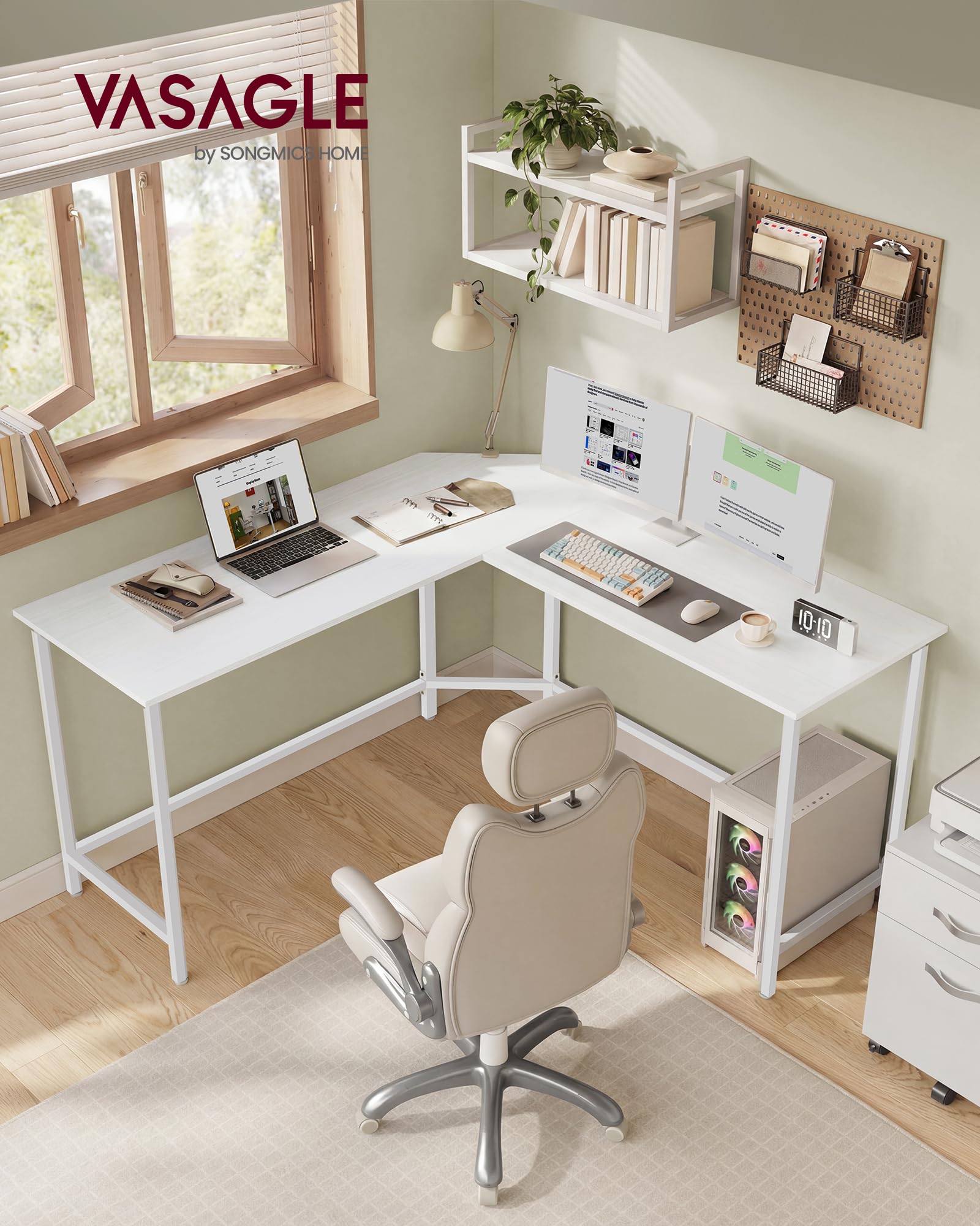 VASAGLE Escritorio, Mesa de Ordenador en Forma de L, 140 x 140 x 76 cm, Escritorio Esquinero, Ahorra Espacio, para Oficina Casa, Juegos, Fácil de Montar, Blanco Arce LWD073W01V1