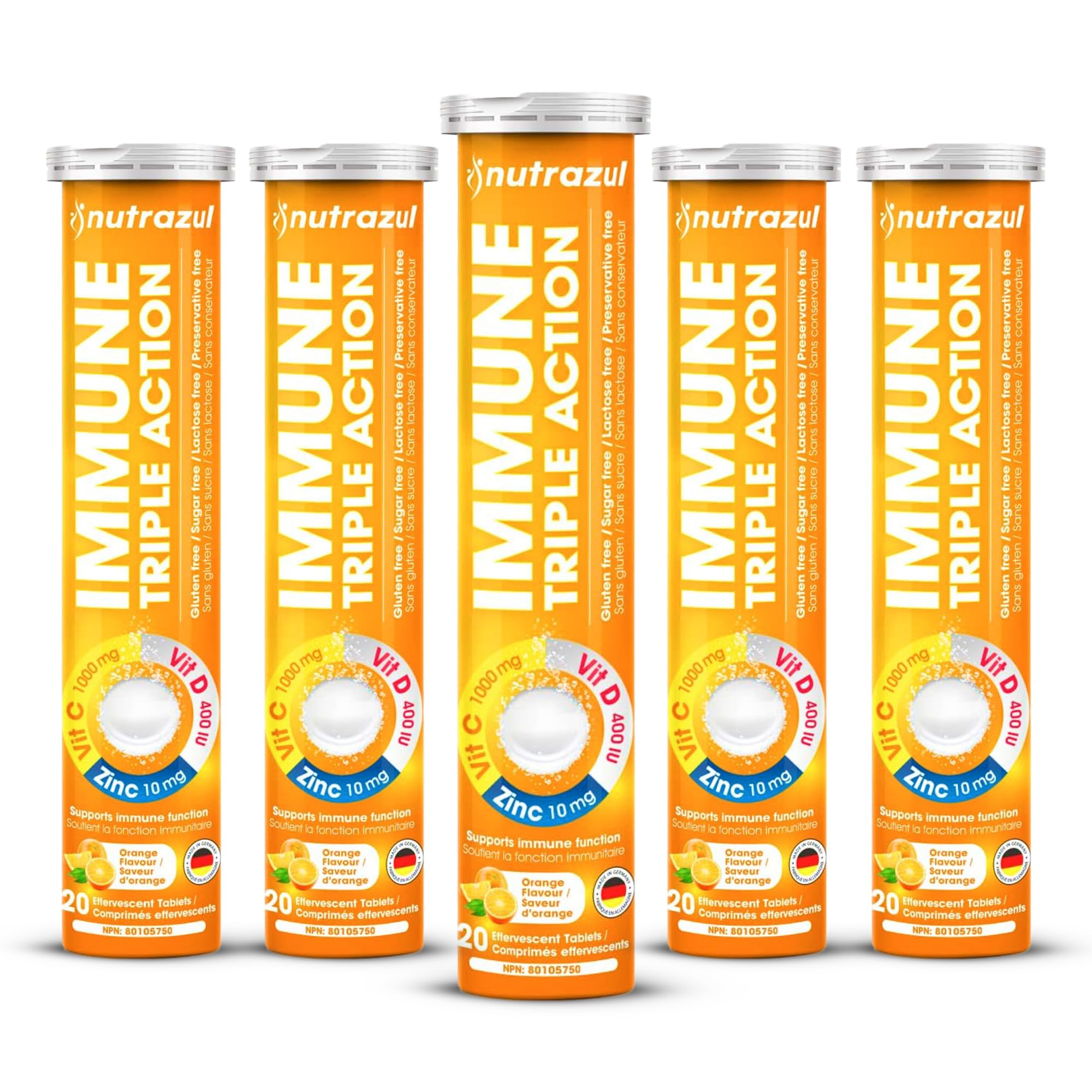 Nutrazul Immune Triple Action Effervescent Tablets with Vitamin C 1000mg, Vitamin D, Zinc, Support Daily Routine, Vegan, Gluten-Free, Sugar-Free, Lactose-Free, Orange Flavor, 20 Tablets (Pack of 5x20)