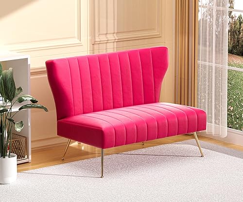 Miniatura 6 de Sofá biplaza moderno de terciopelo de 50 pulgadas, sin brazos, sofá pequeño tapizado con respaldo de alas con patas de metal dorado, sofá capitonado