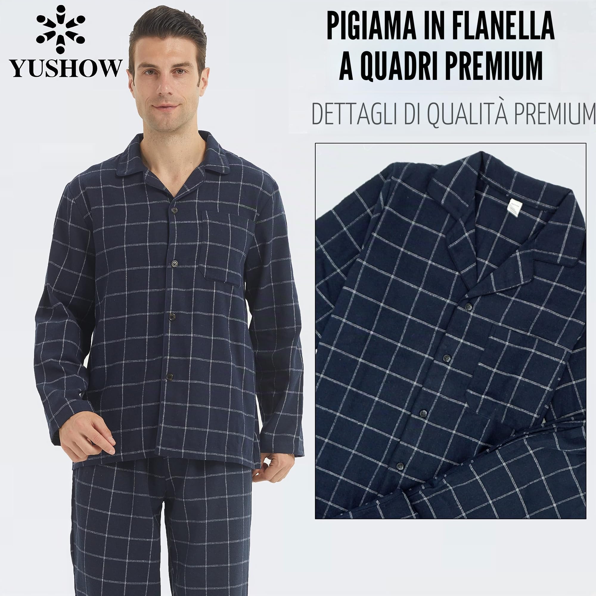 YUSHOW Pigiama Uomo Invernale Cotone Flanella Quadri Pigiami Due Pezzi Maglia Maniche Lunghe Pantaloni Pigiama con Tasche Caldo Morbidi Abbigliamento da Notte