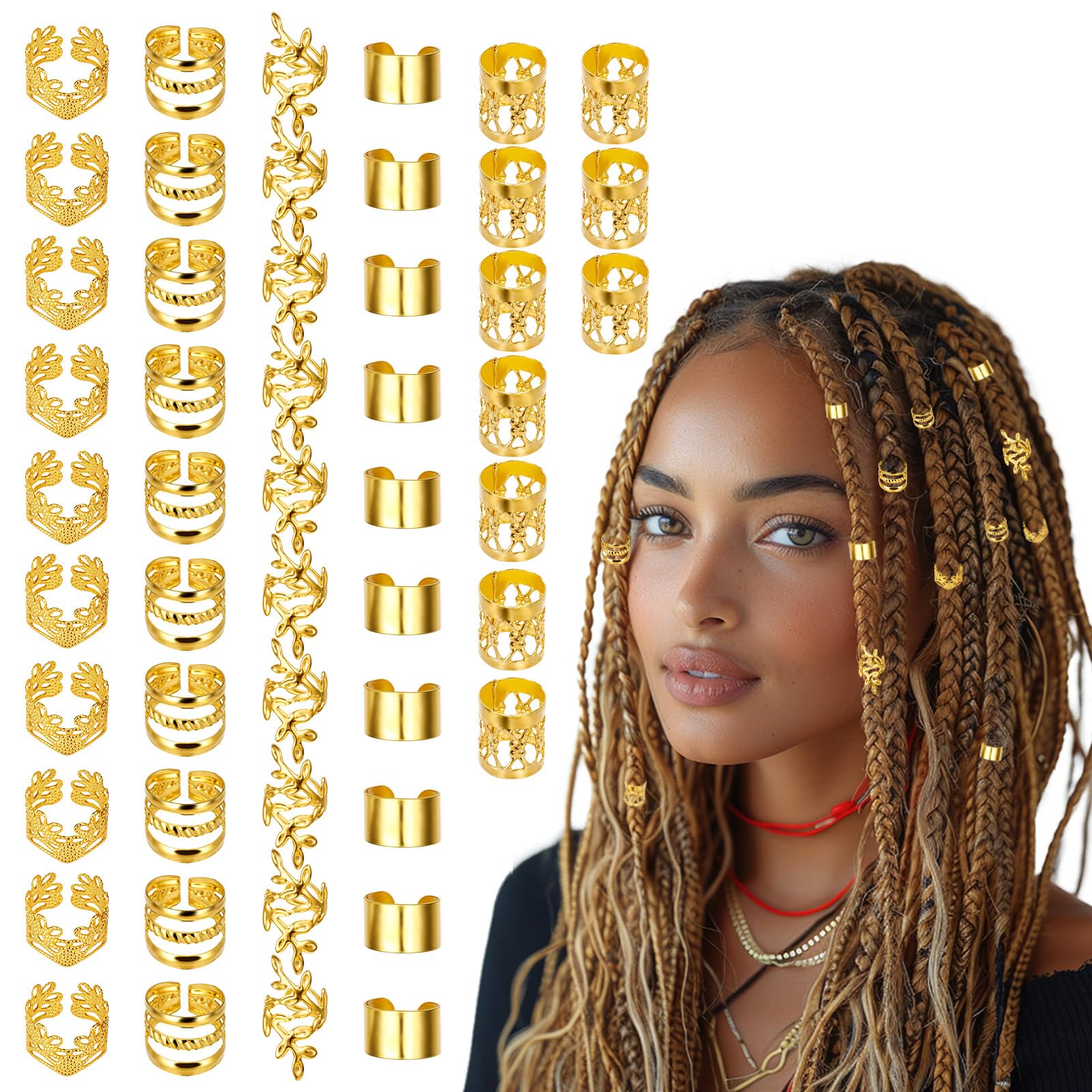 50 piezas de joyas doradas para trenzas, rastas, anillos ajustables, puños, abalorios, cuentas, decoraciones para hombres y mujeres