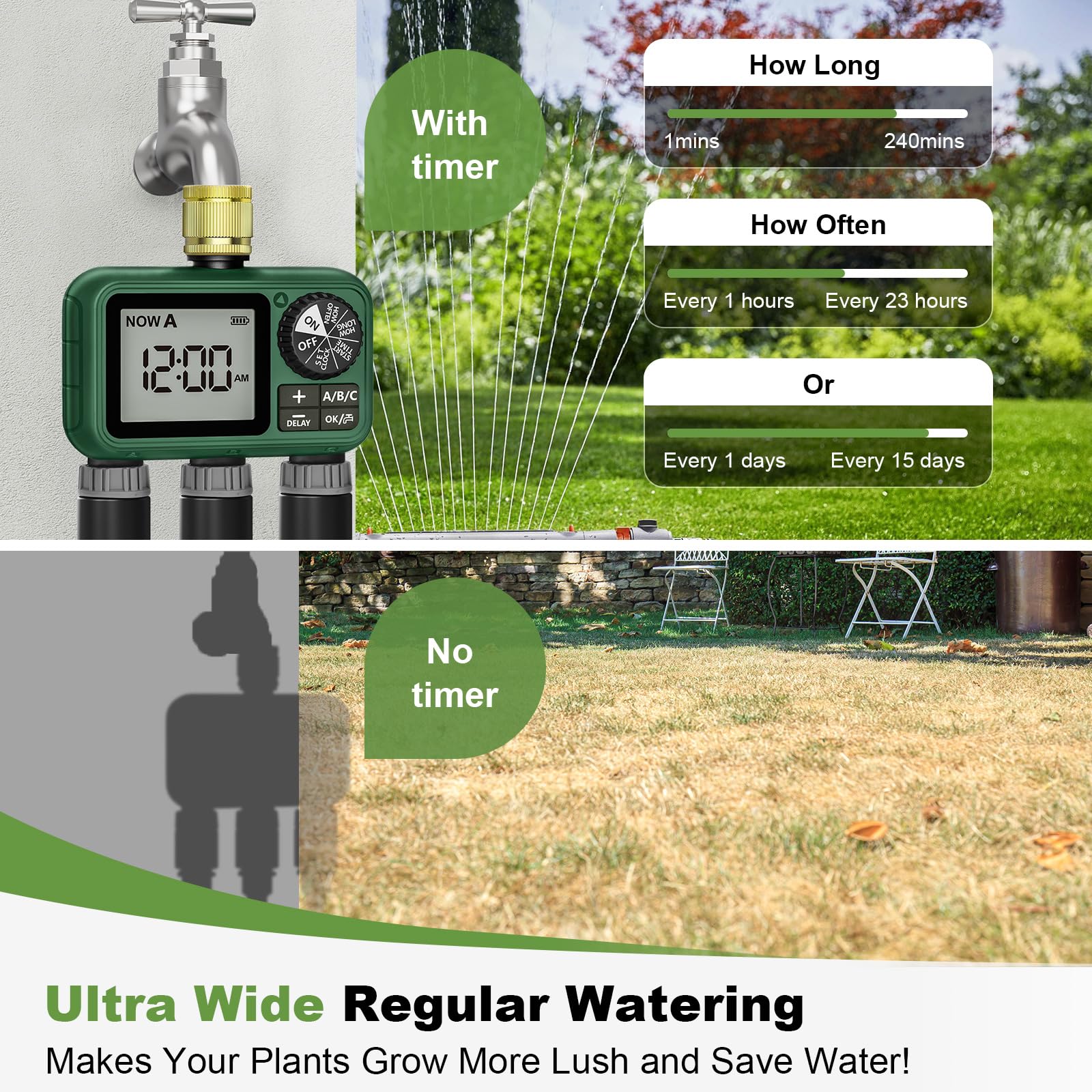 XinFuture Timer Sprinkler con 3 uscite in ottone, timer programmabile per tubo da giardino con ritardo di pioggia, sistema di irrigazione manuale e automatico, per 3 zone di irrigazione separate