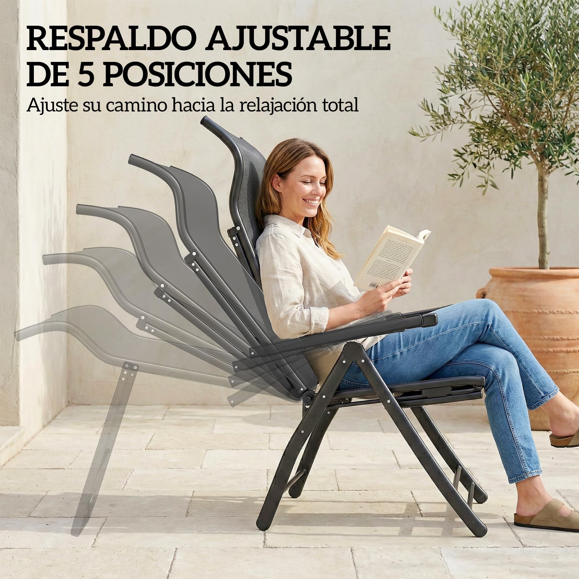 Outsunny Pack de 2 Sillas Plegables Reclinables, Sillas de Jardín Exterior con Respaldo Alto Curva Ajustable en 5 Posiciones, Reposapiés Retráctil y Marco de Metal, para Patio, Playa, Gris Oscuro