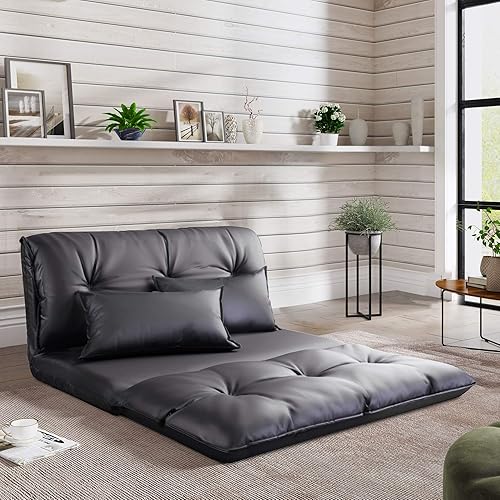Merax Lazy Sofa - Sofá futón plegable ajustable con dos almohadas para leer juegos, espacios pequeños y apartamento (negro)