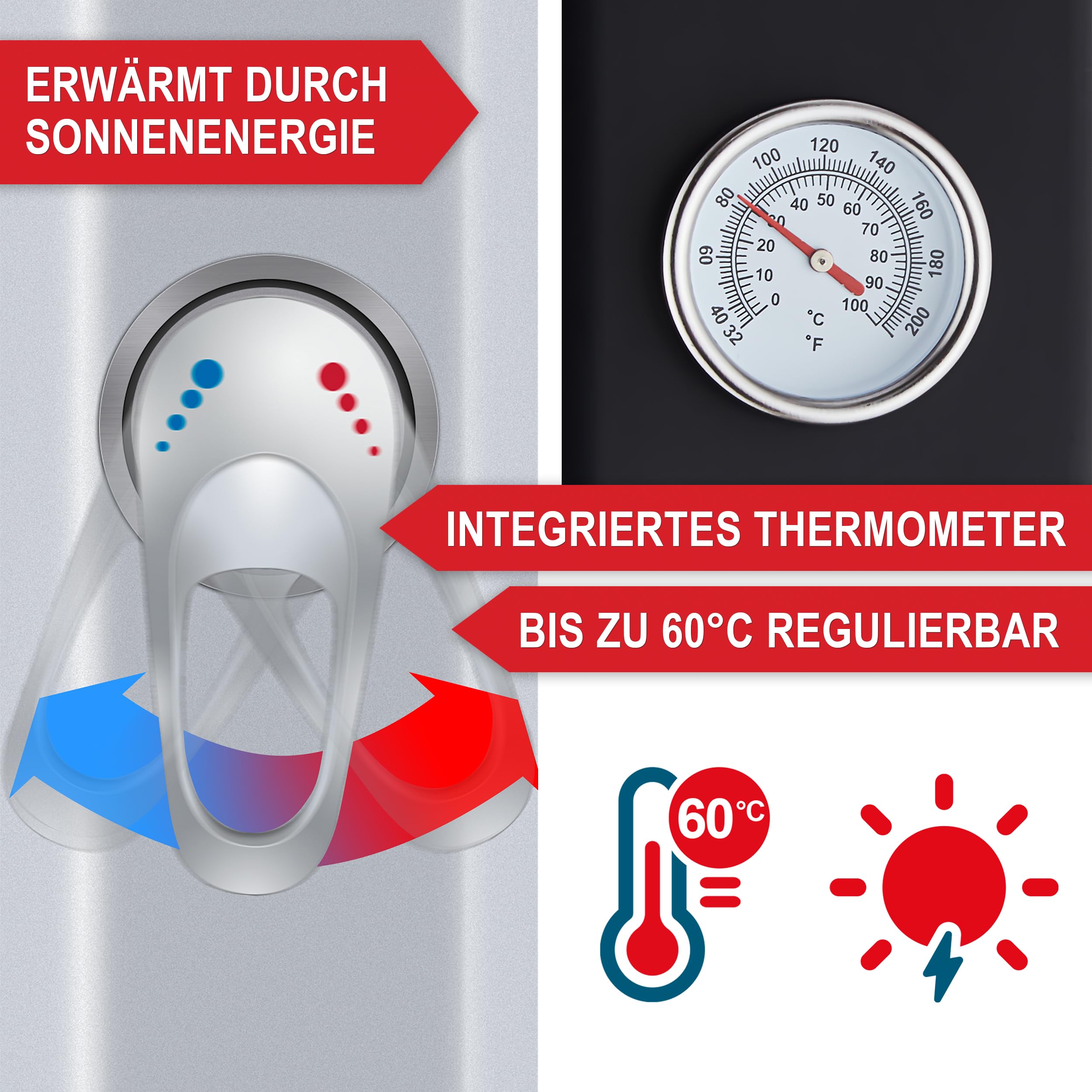 Onbest 35 Liter Solardusche Garten mit Regenschutz – Zusätzlicher Wasserhahn und integriertes Thermometer – 60°C – Warm - Kalt - Regler – Outdoor Gartendusche für Garten, Balkon & Pool – Solar Shower