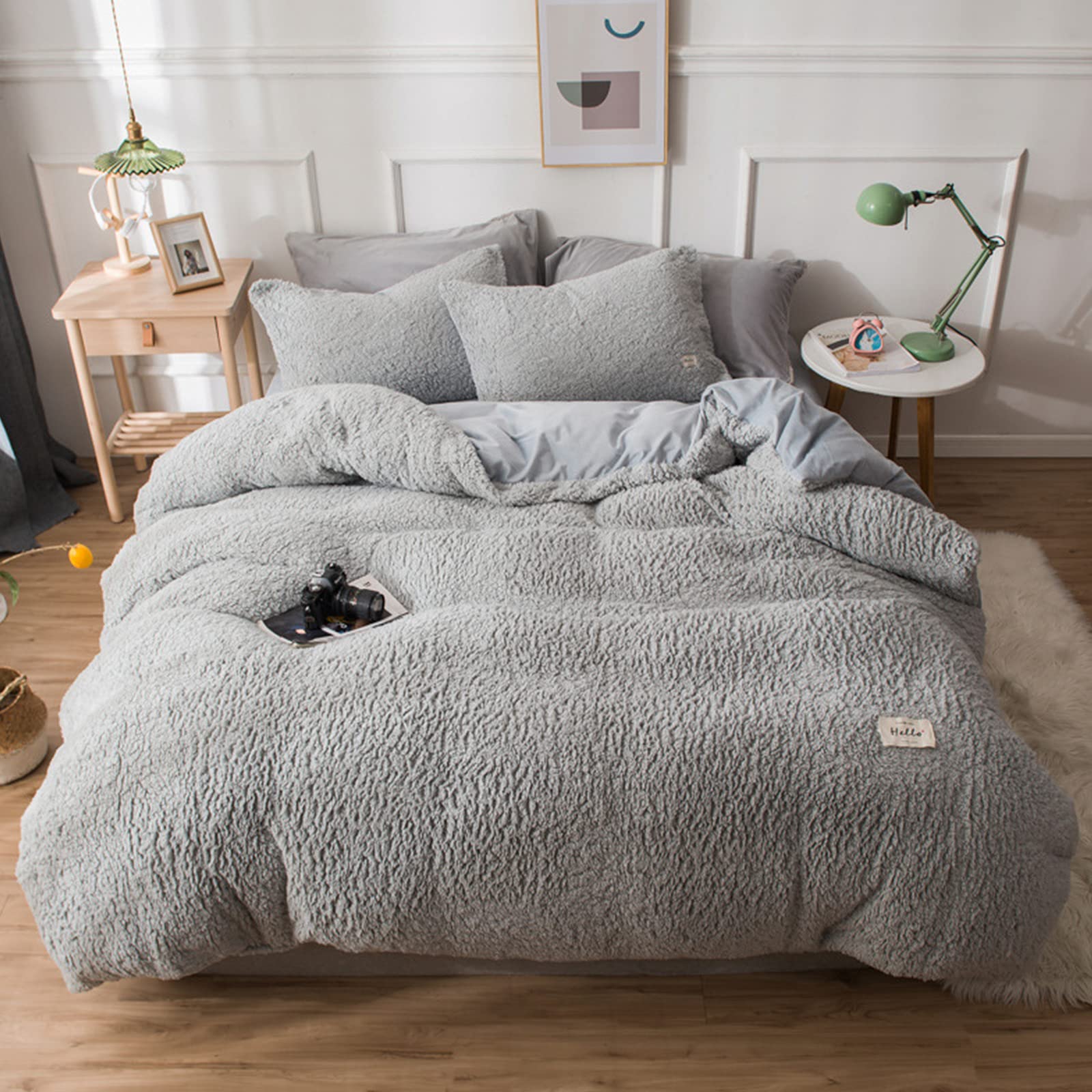 AIWQTO Plush Ultra Soft Duvet Cover Set,Thicken Shaggy Comfy Bedding Set With Zipper Closure,Warm Reversible Comforter Cover Set For Winter-Grey Twin 150x200cm(59x79inch)