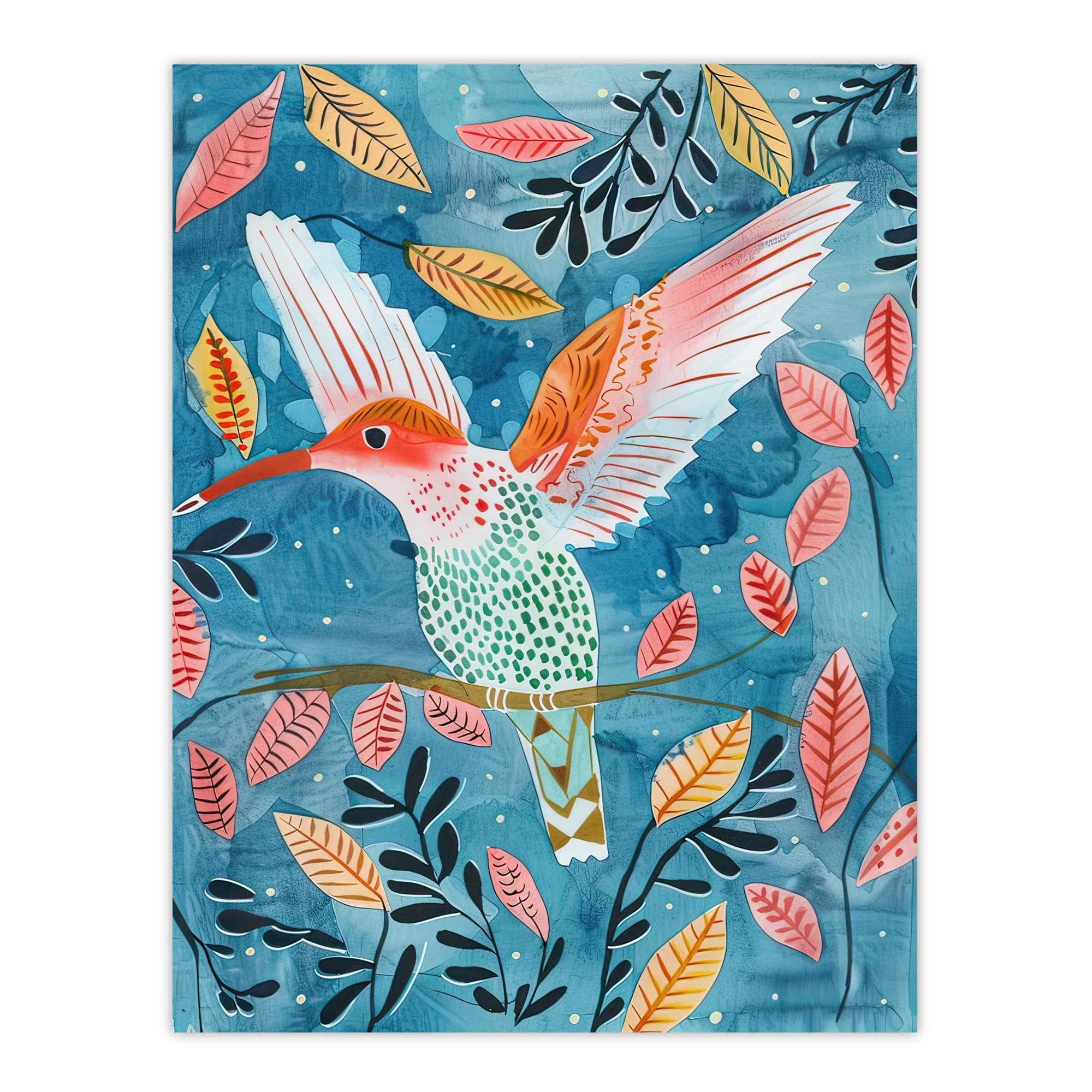 Artery8 Hummingbird Folk Art Pink Blue Orange Watercolour Living Room Extra Large XL Wall Art Poster Print