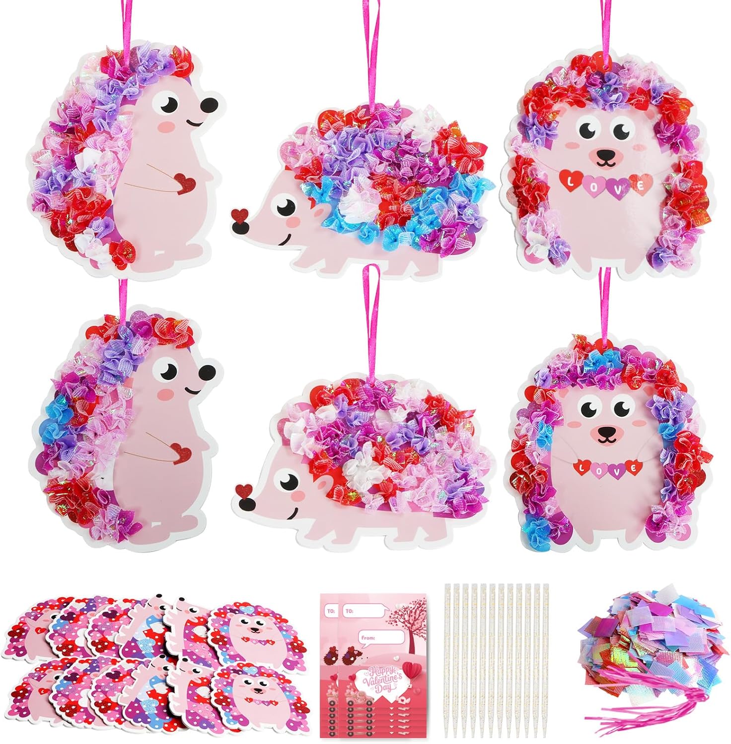 Fennoral 12 Pack Valentine's Day Craft Kits for Kids Make You Own Hedgehog Heart Poke in Art and Craft with Card DIY for Valentines Day Gift for Kids Classroom Activities Party Decoration