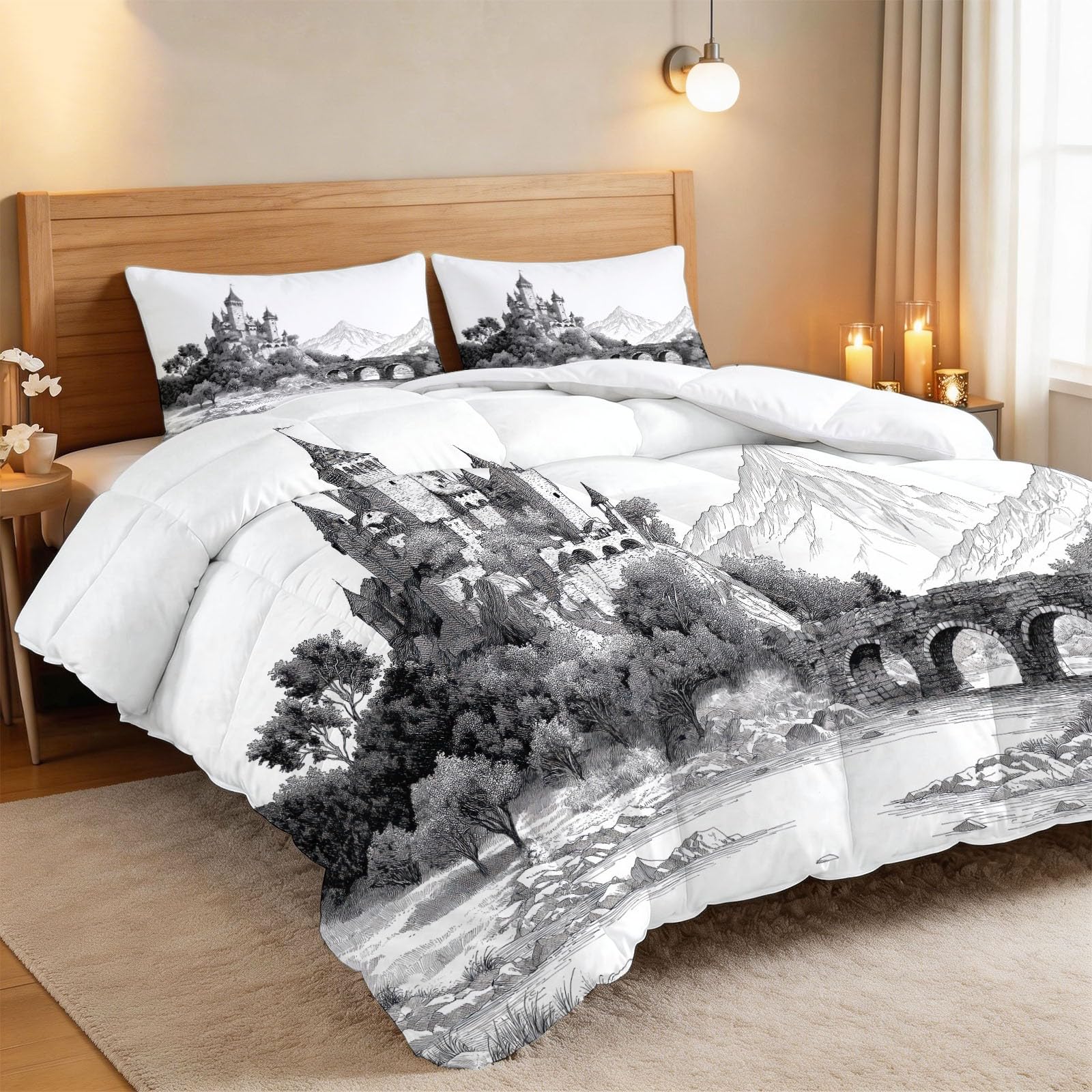 Schloss Steinbrücke Fluss Bettdecke 200 x 200 cm 4 Jahreszeiten Steppdecke, Tuschezeichnung Waschbare Ganzjahresdecke Jugendlicher Bettwaren Set Kinderzimmer Jungenzimmer Bettdecke Ohne Bezug