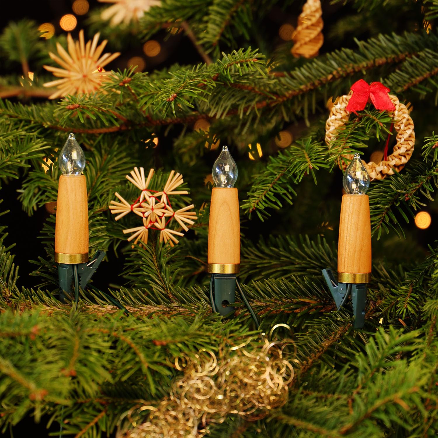 CLGarden Premium NARVA Kerzen Lichterkette Holzlichterkette 20 Schaftkerzen Holz Kirsche Weihnachtsbaum Beleuchtung Glas warm weiß elektrisch 230V innen
