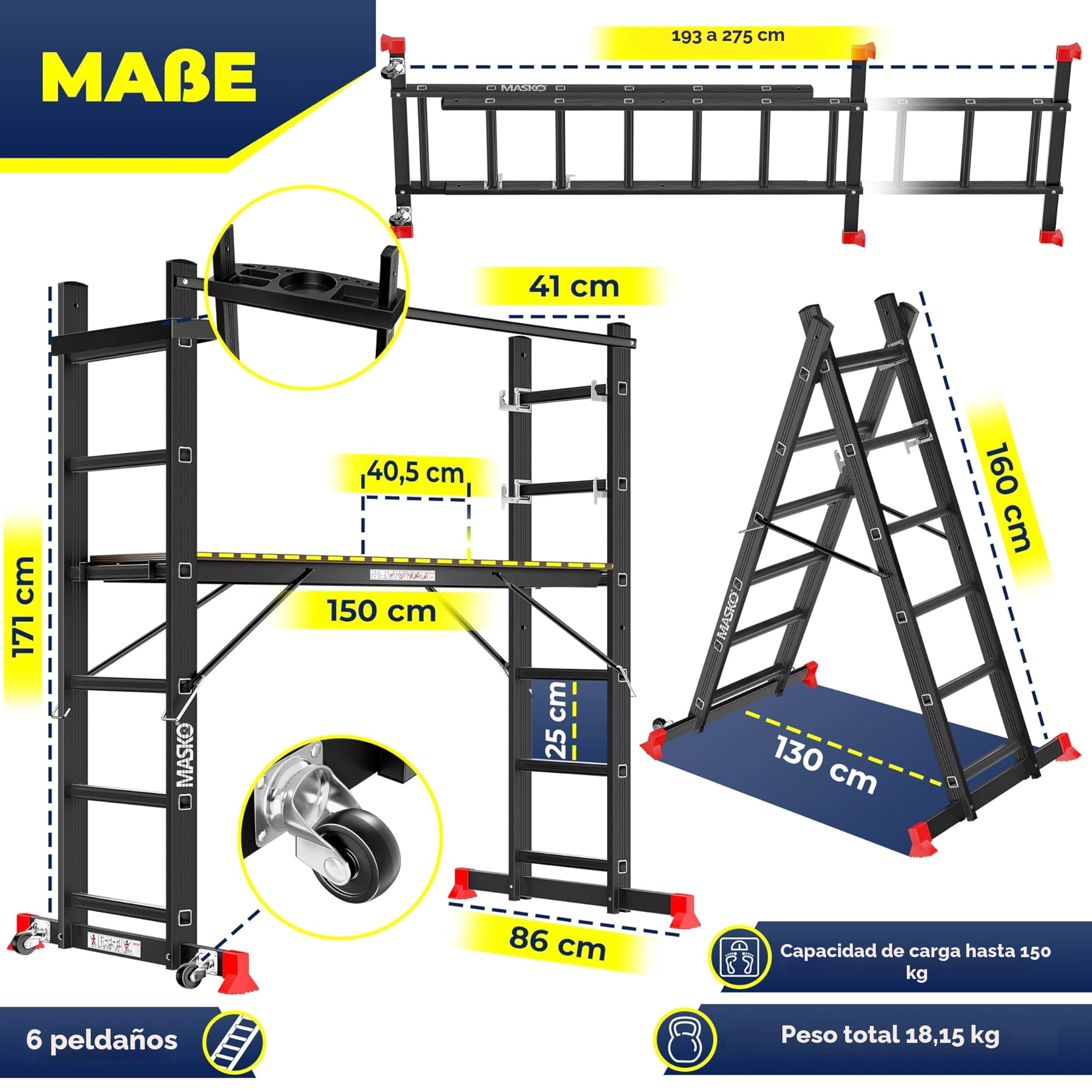 MASKO® Andamio, Andamio ✓ Aluminio ✓ Escalera ✓ Plataforma de Trabajo, Capacidad de Carga hasta 150 KG, Revestimiento Antideslizante, Escalera de andamio, Comprobado GS (EN 131), Negro