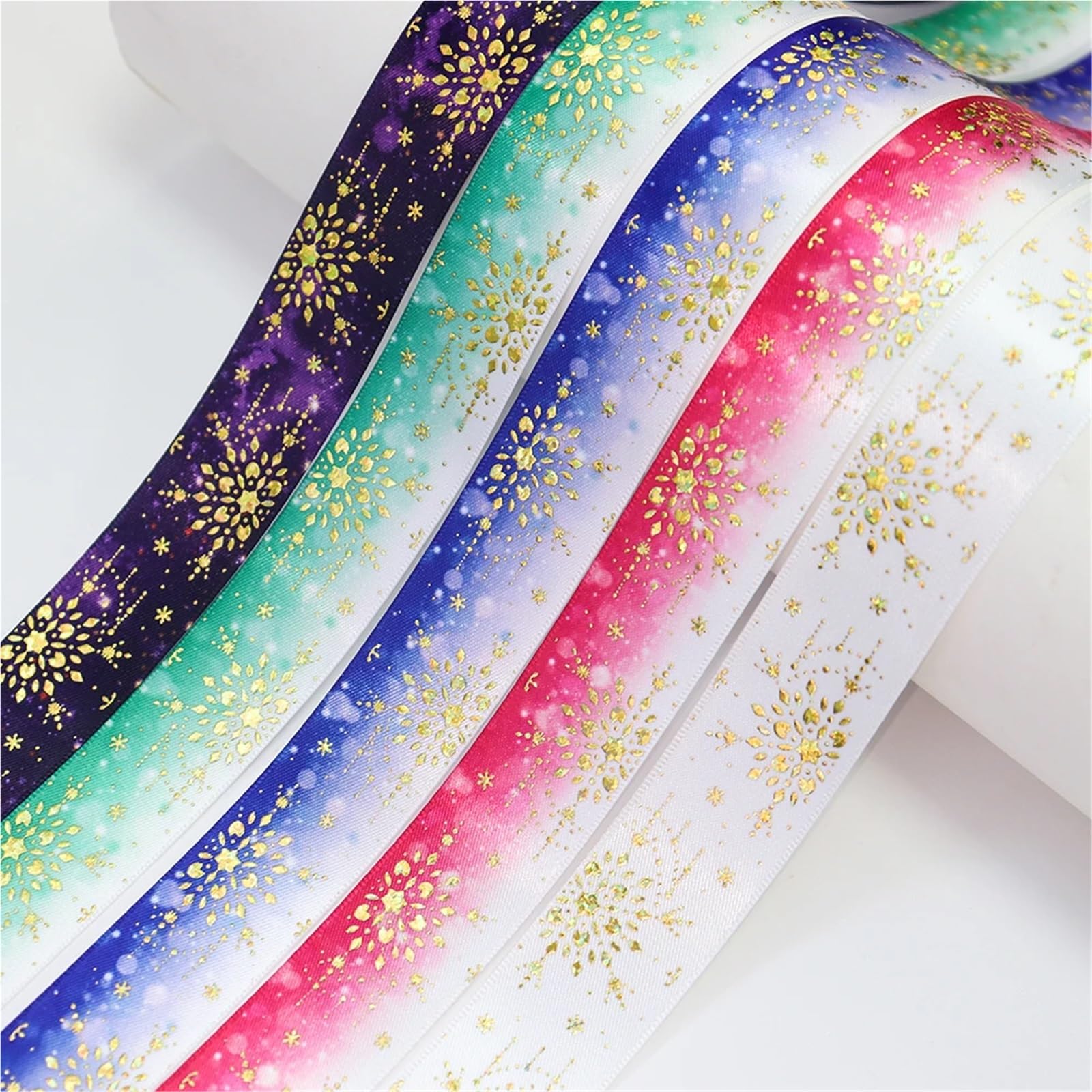 Satinband 1'' 25mm Laser Gold Folie Schneeflocke Gedruckt Satin Band for Party Dekoration Verpackung DIY Nähen Zubehör(Color-01,100Yards)