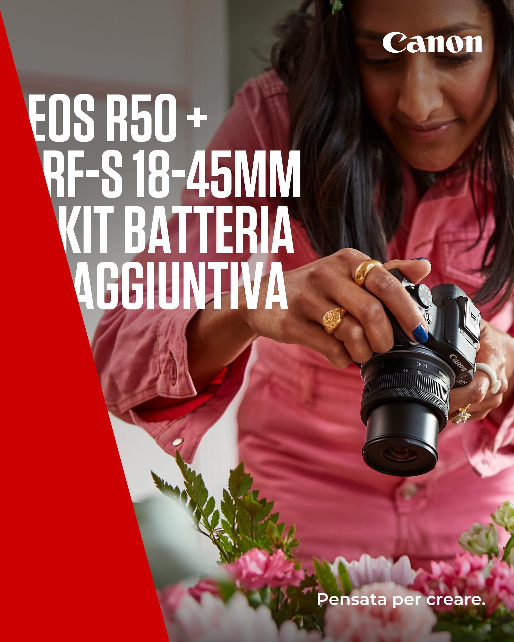 Canon EOS R50 APS-C Mirrorless + RF-S 18-45 f/4,5-6,3 + 2x Batterie (Kit Batteria Aggiuntiva), (24,2 Mp,- Fino a 15fps, DIGIC X, Video 4K UHD Fino 30p, Dual Pixel CMOS Auto Focus II, Disp)