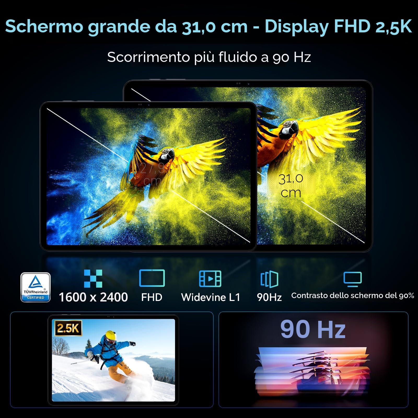 TABWEE Tablet 12 Pollici con Tastiera, 48 GB RAM+ 256 GB ROM, 10000 mAh | 1600*2400 QHD+, Widevine L1, 16 MP+8 MP, Gemini AI , GPS, Tablet in Offerta con Sim (Garanzia di 4 Anni)
