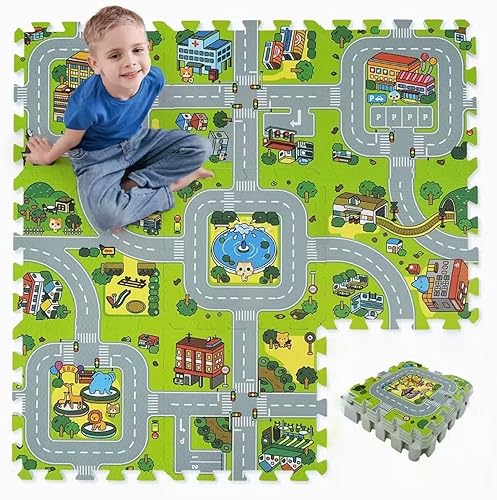Skyweaver Alfombra de juego de tráfico con azulejos entrelazados de espuma de rompecabezas, alfombra de juego de tráfico para niños, alfombra de