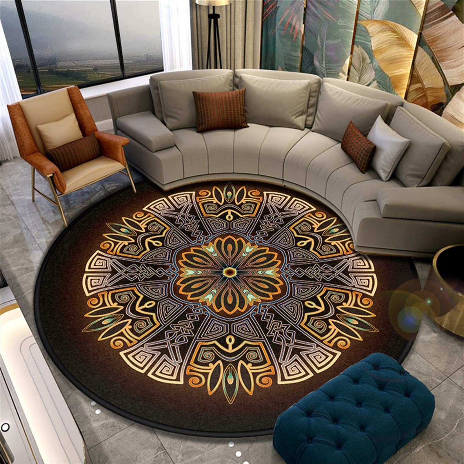 Tapis de style ethnique coloré et rond pour une salle de séjour cocooning